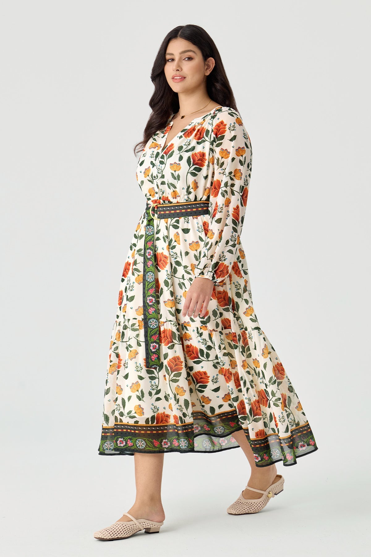 Ritera Elegant Boho Floral Midi Dress with Reversible Belt