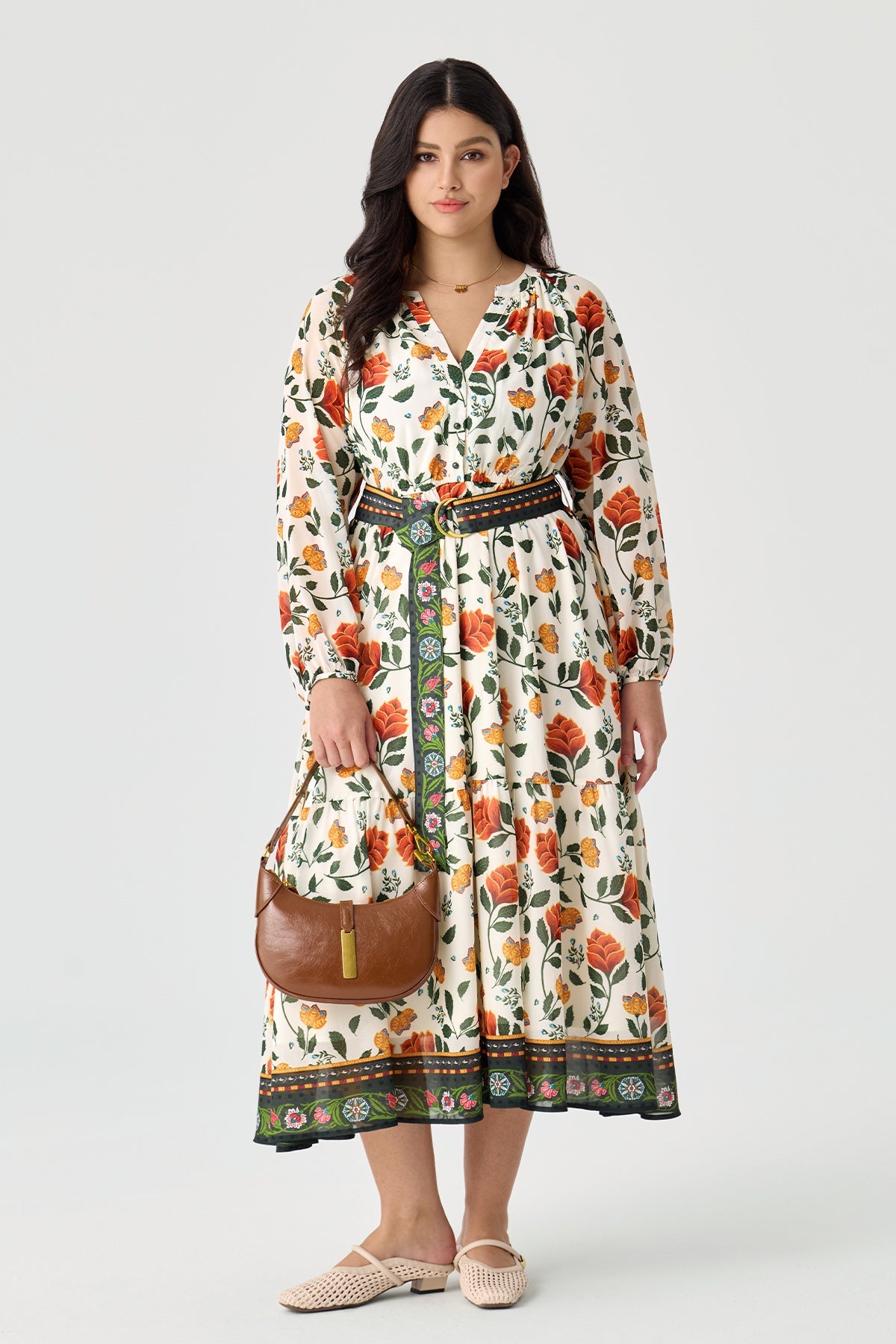 Ritera Elegant Boho Floral Midi Dress with Reversible Belt