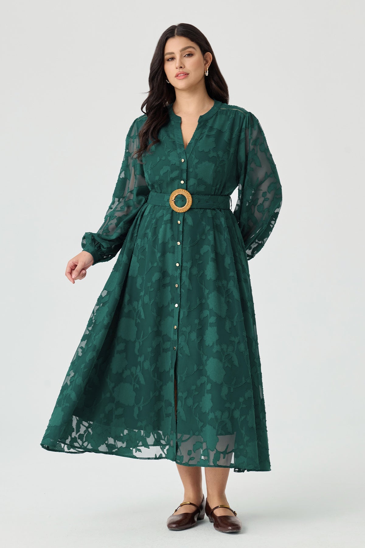 Ritera Pocket Jacquard Midi Shirt Dress with Woven Buckle Belt