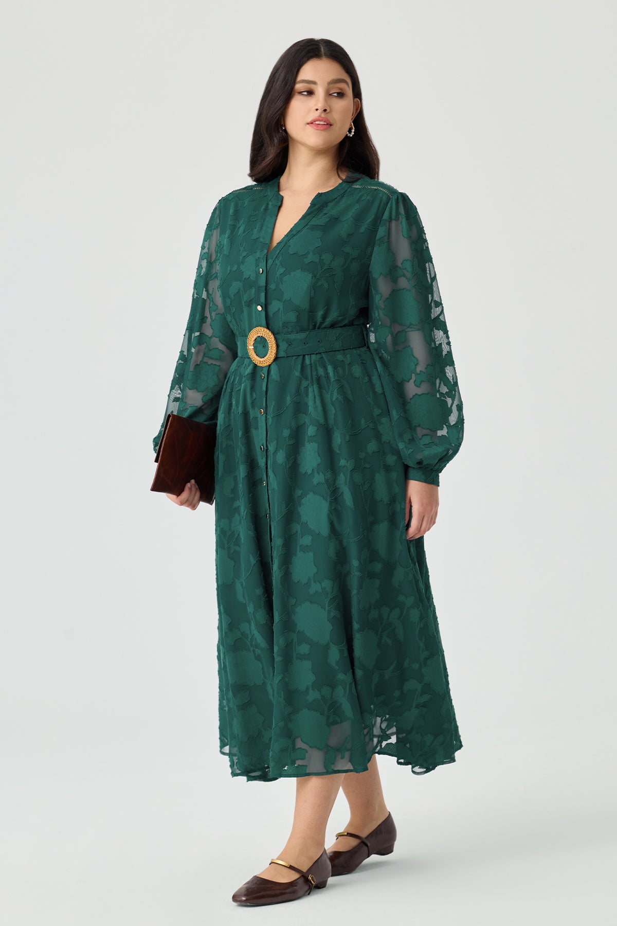 Ritera Pocket Jacquard Midi Shirt Dress with Woven Buckle Belt