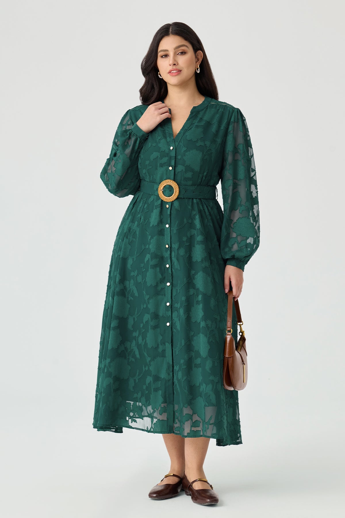 Ritera Pocket Jacquard Midi Shirt Dress with Woven Buckle Belt