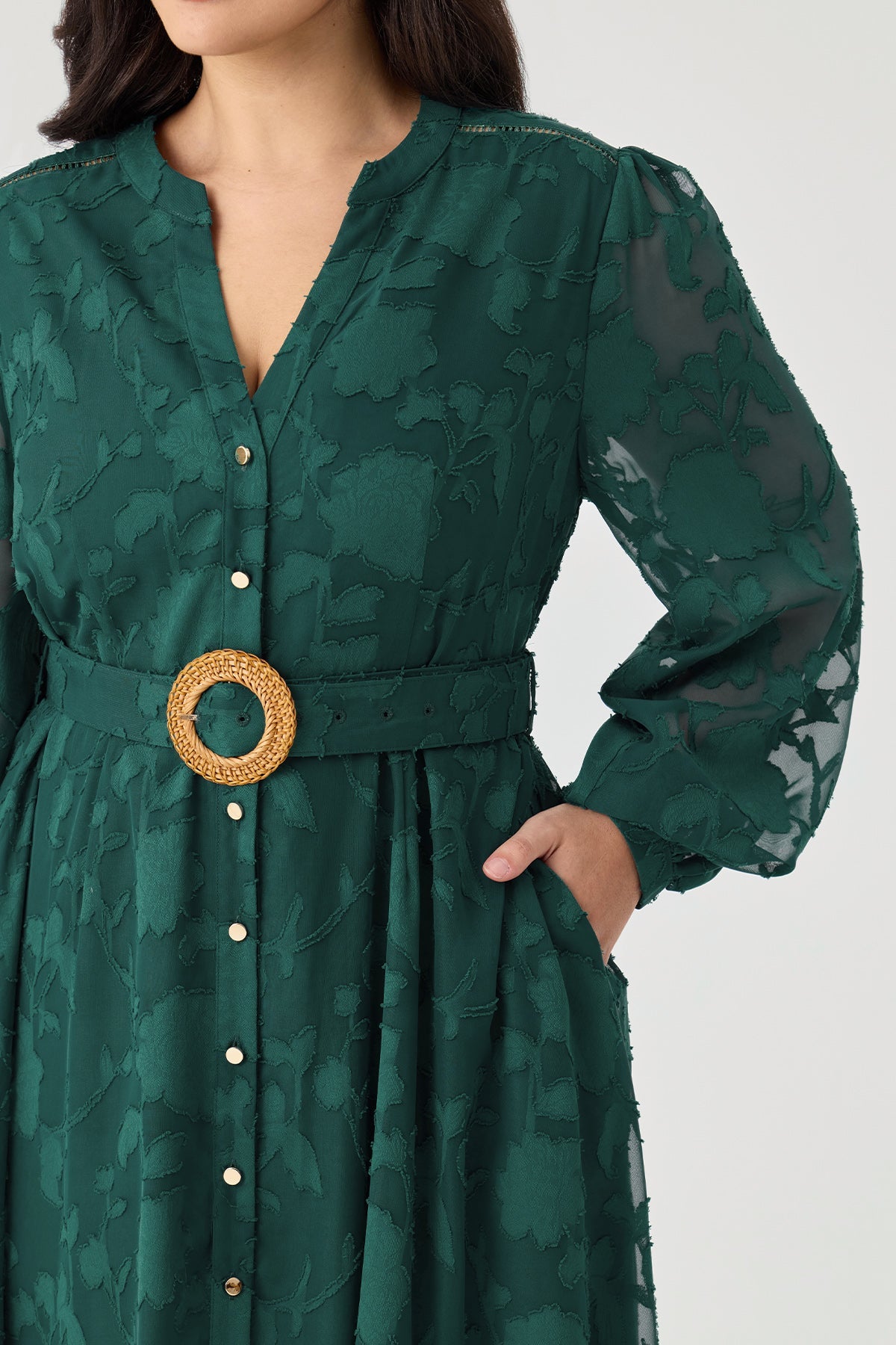 Ritera Pocket Jacquard Midi Shirt Dress with Woven Buckle Belt