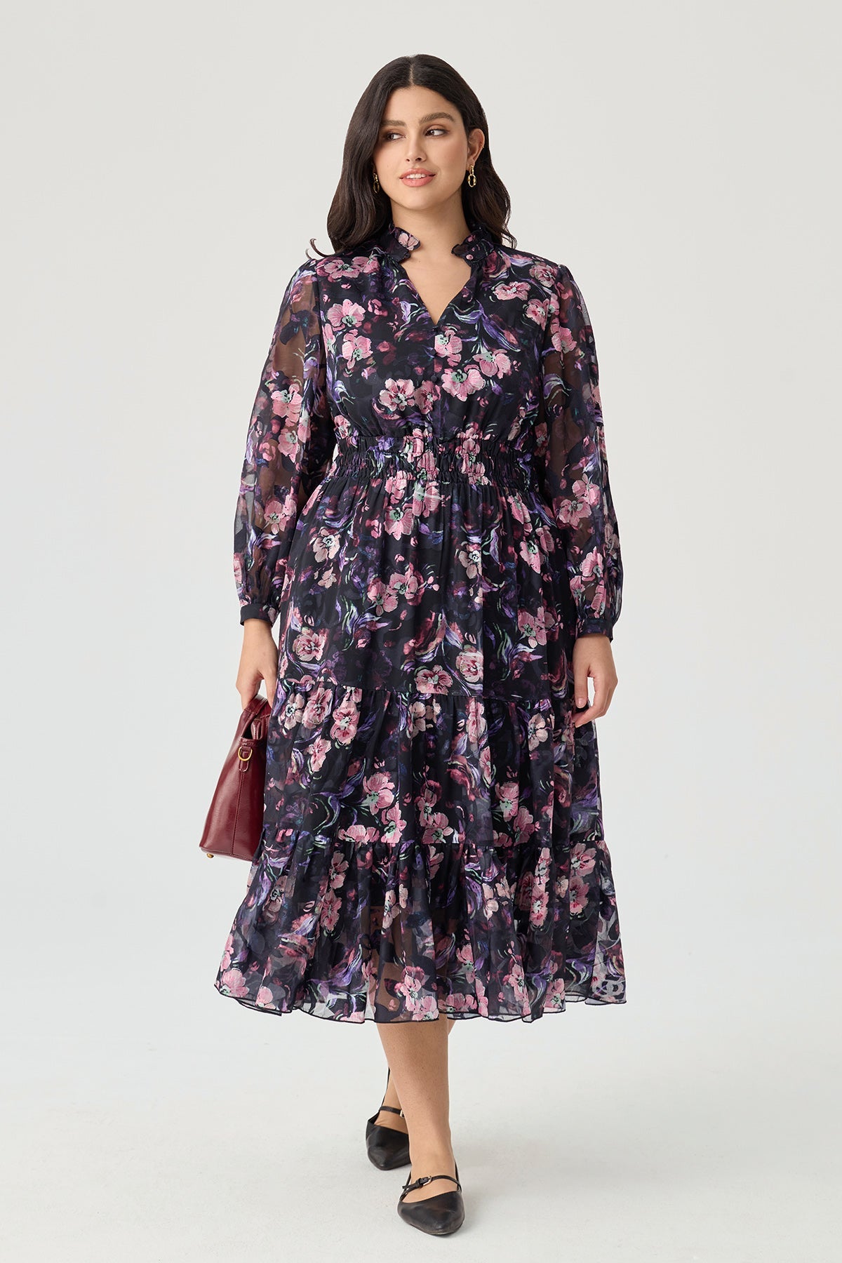 Floral Printed Textured Tiered Midi Dress