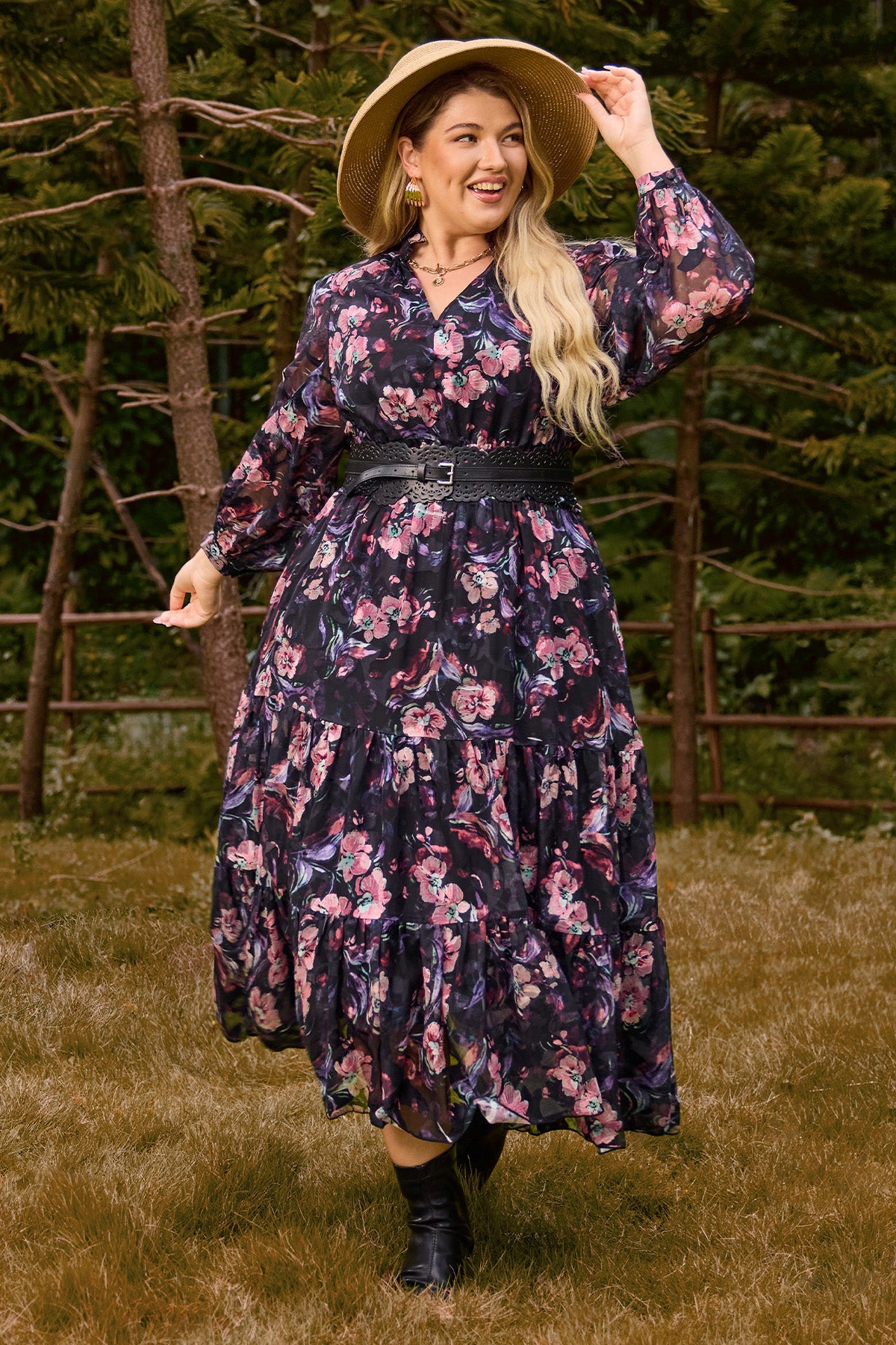 Floral Printed Textured Tiered Midi Dress