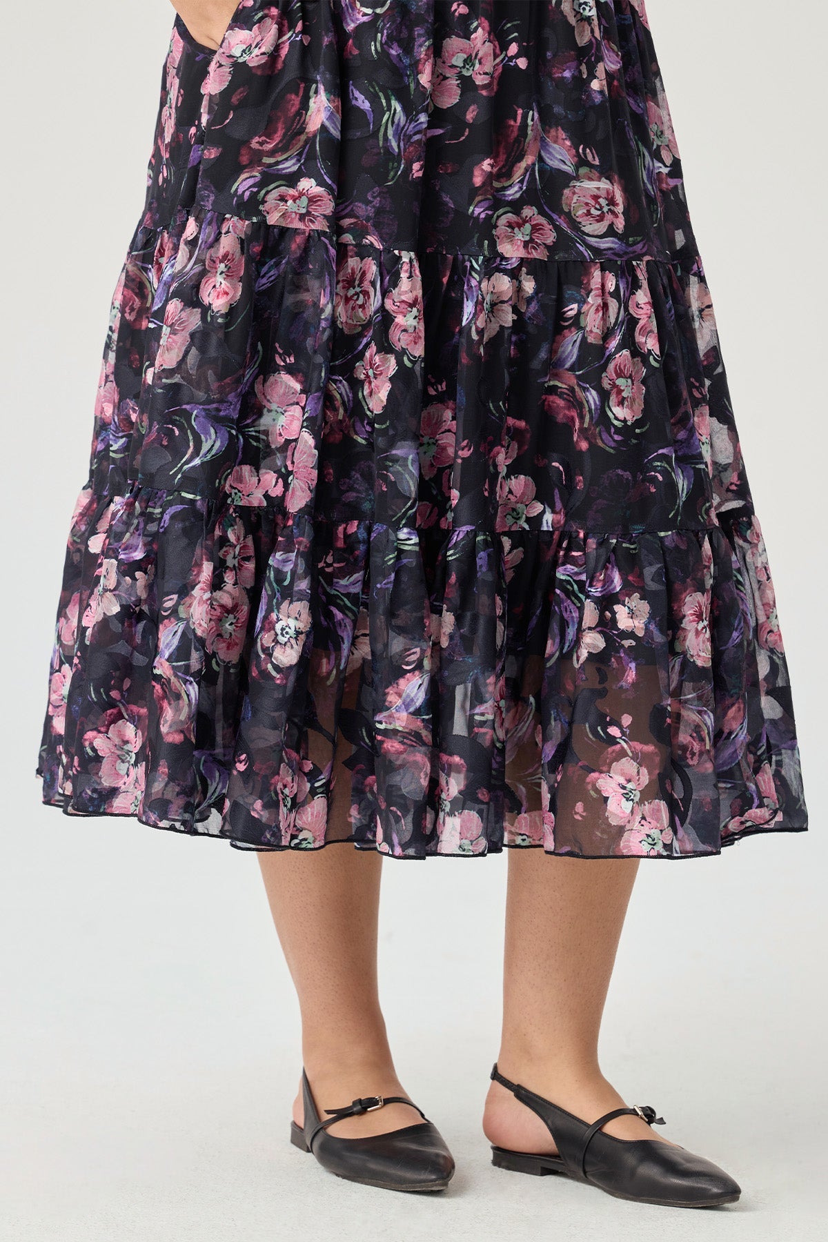 Floral Printed Textured Tiered Midi Dress