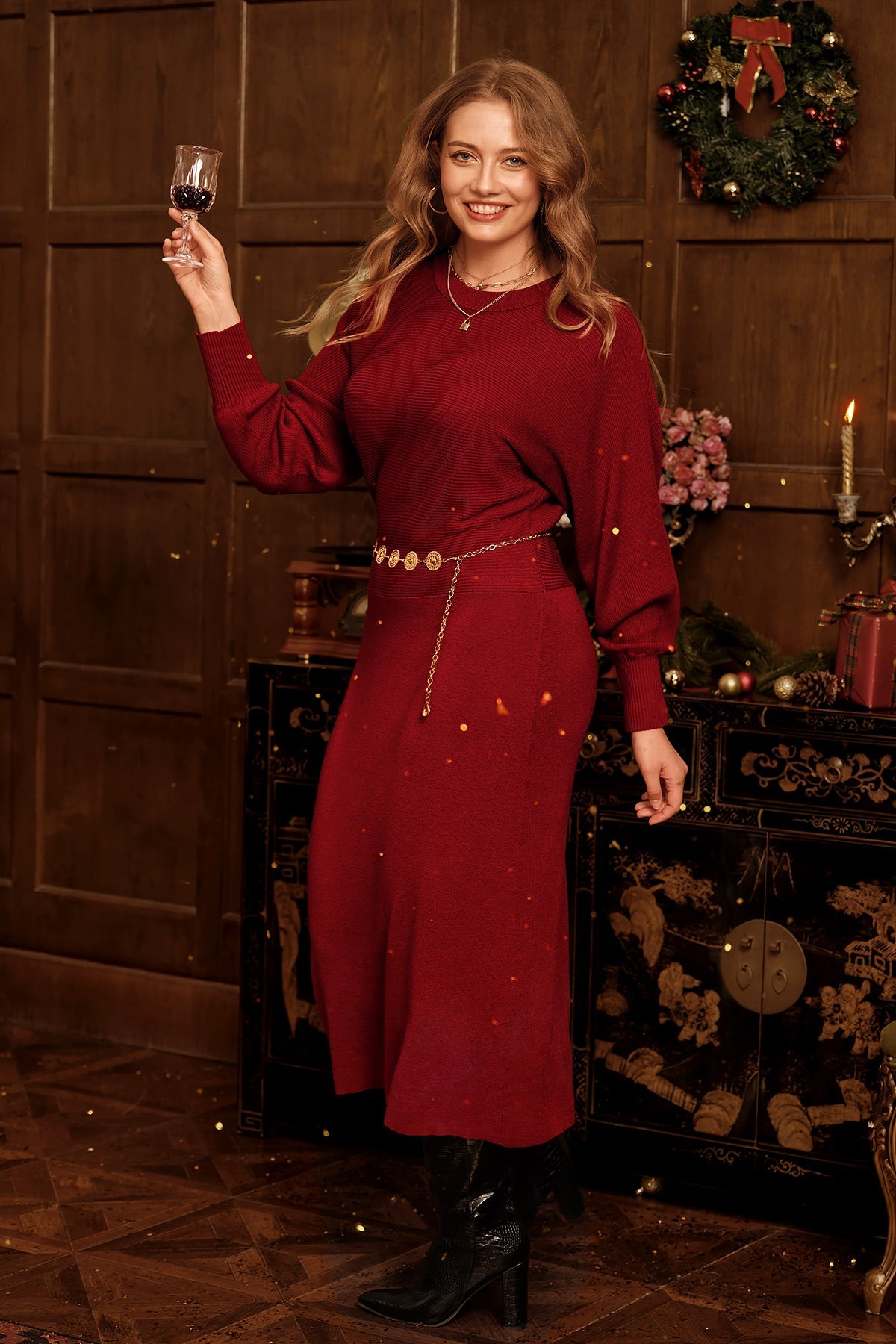 Ribbed Knit Crew Neck Long Sleeve Maxi Dress