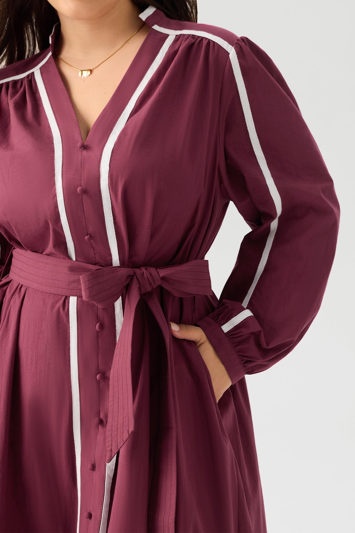 Contrast Trim Cotton Belted Maxi Dress