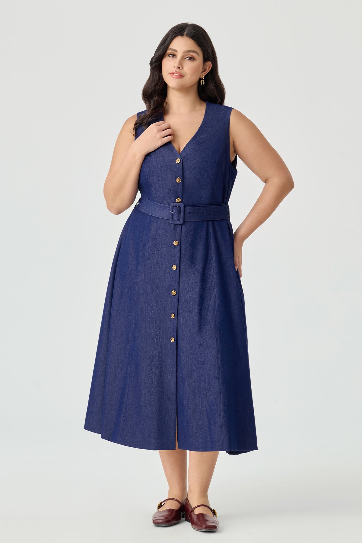 Ritera Pockets Denim A-Line Button-Front Midi Dress with Belt