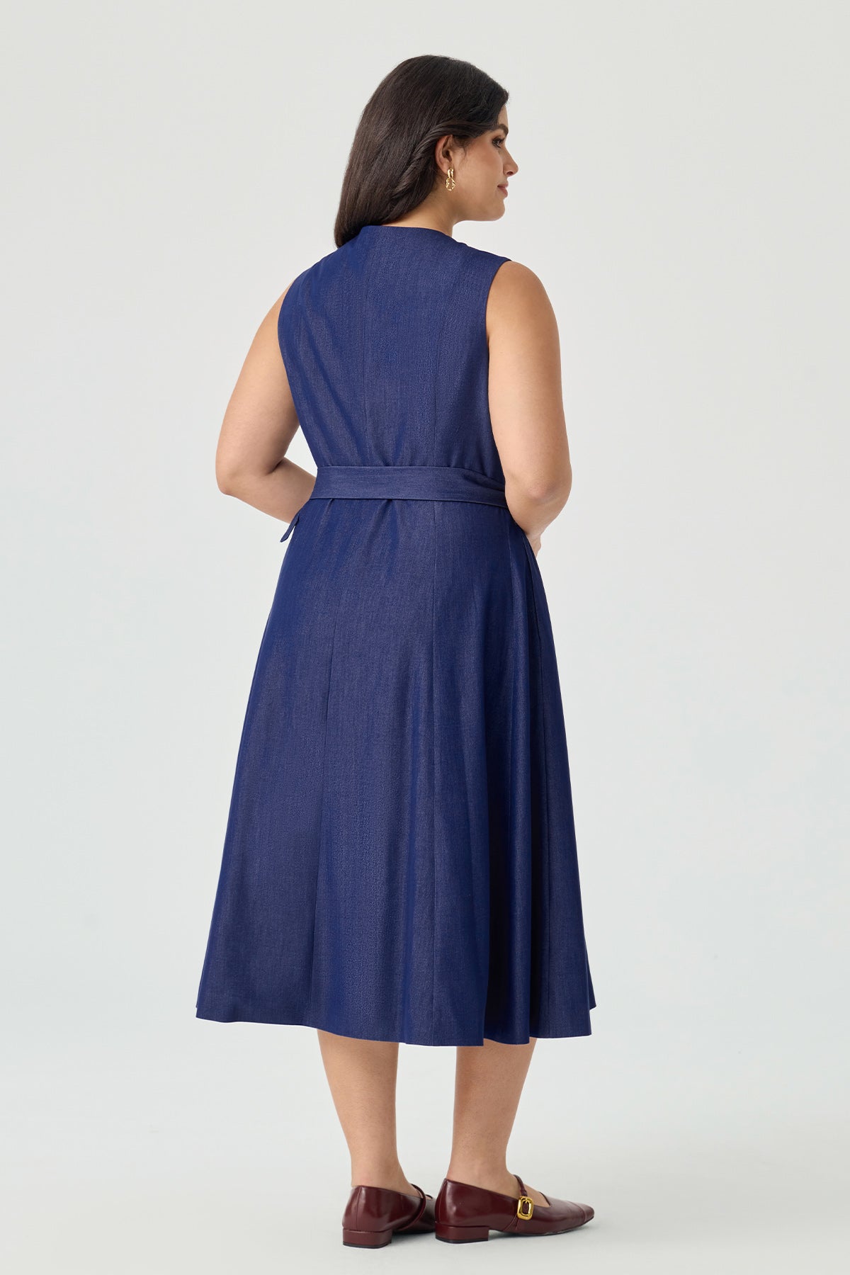 Ritera Pockets Denim A-Line Button-Front Midi Dress with Belt