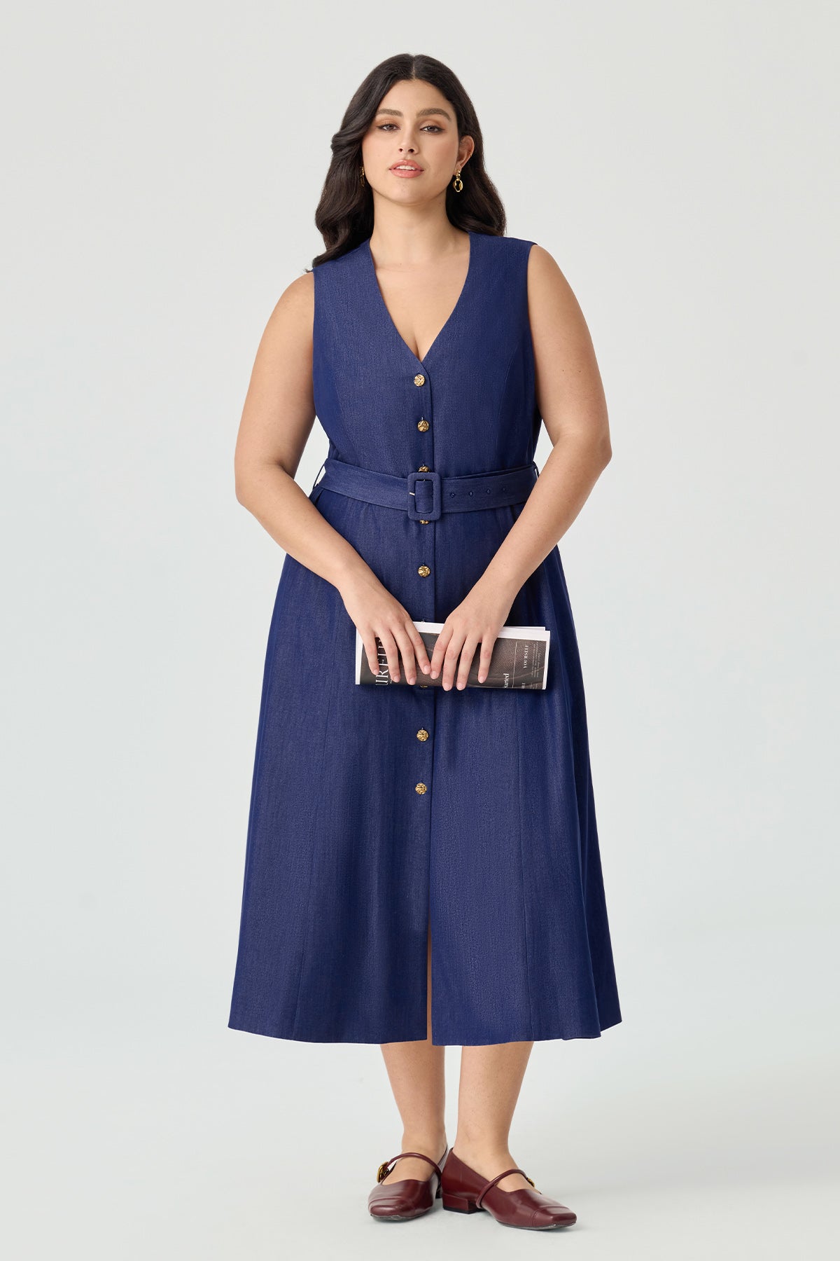 Ritera Pockets Denim A-Line Button-Front Midi Dress with Belt