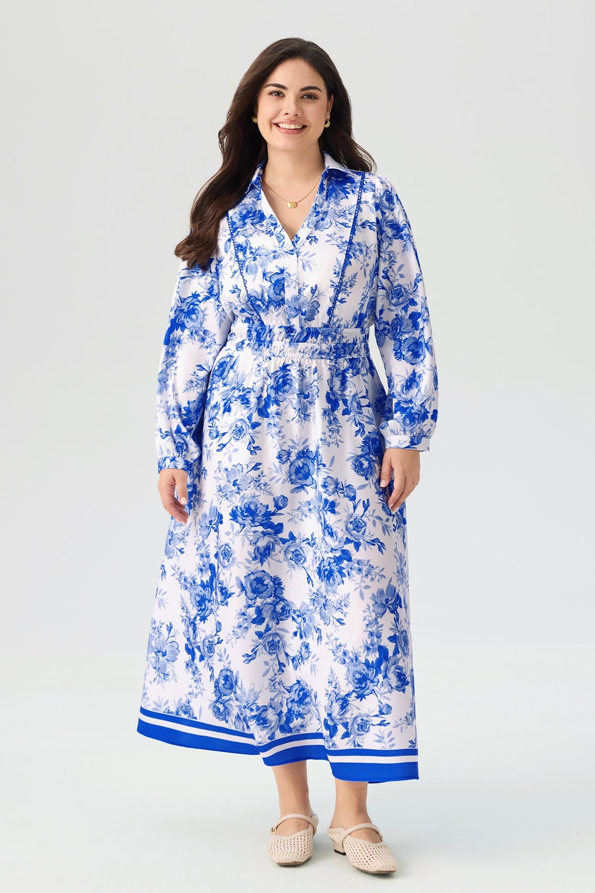 Floral Print Shirt Collar Long Sleeve Maxi Dress