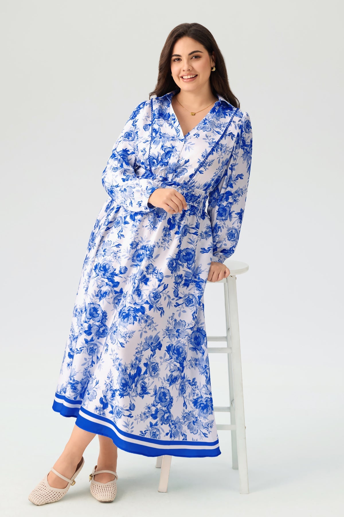 Floral Print Shirt Collar Long Sleeve Maxi Dress