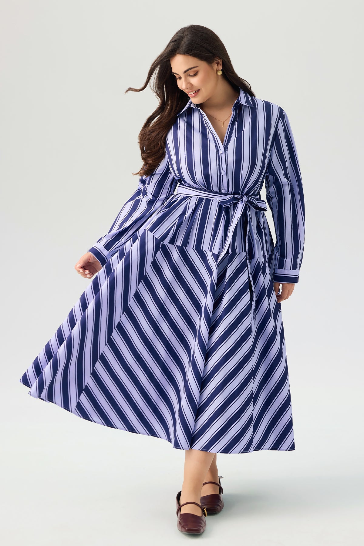 Striped Shirt Collar Long Sleeve Belted Maxi Dress