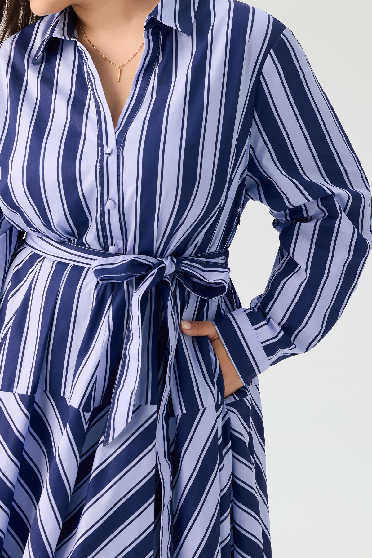 Striped Shirt Collar Long Sleeve Belted Maxi Dress