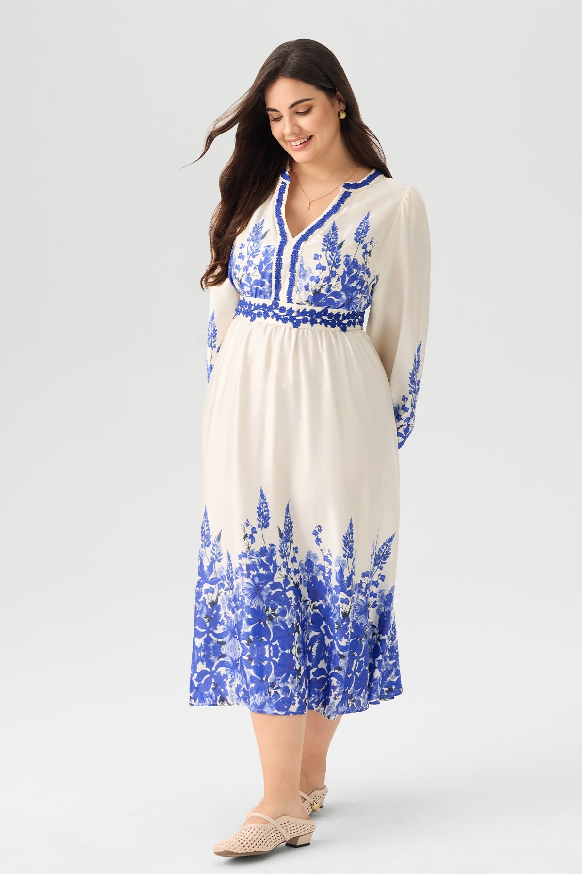 Floral Print V - Neck Midi Dress