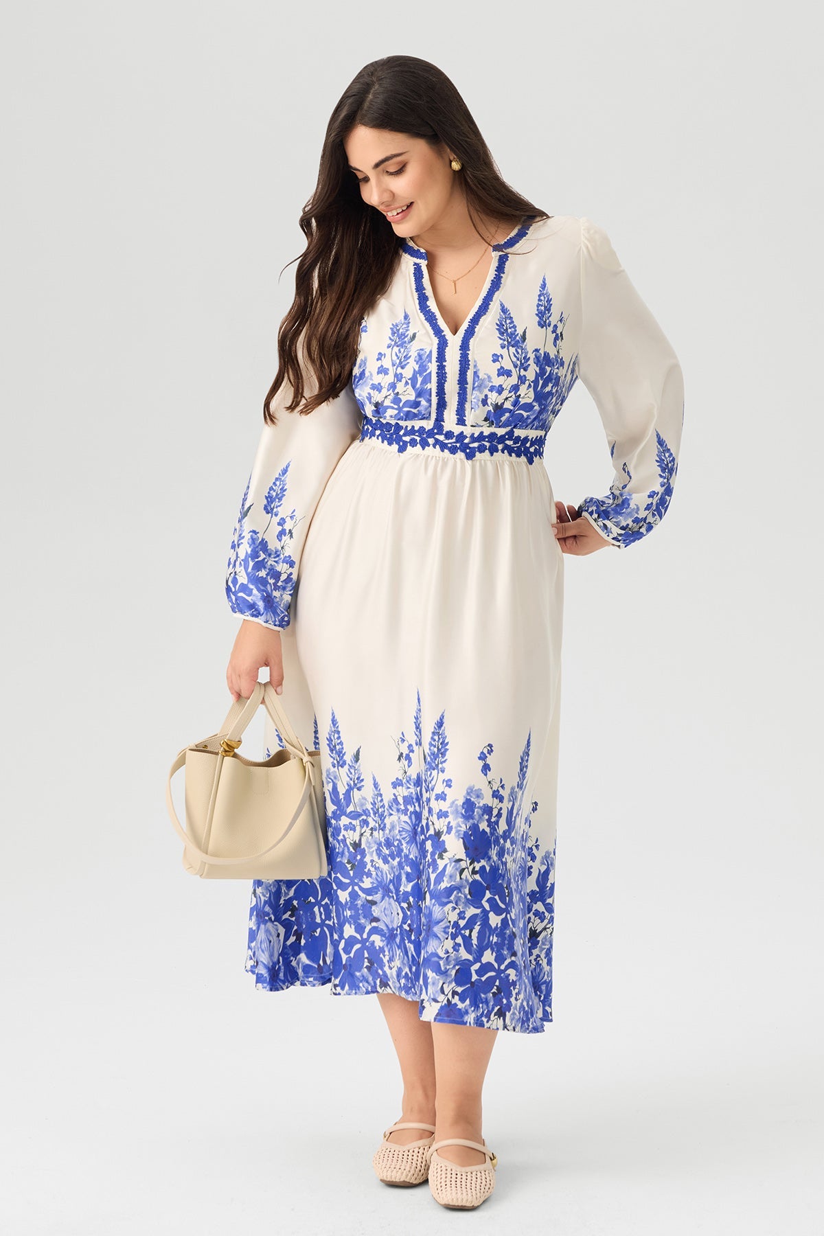 Floral Print V - Neck Midi Dress