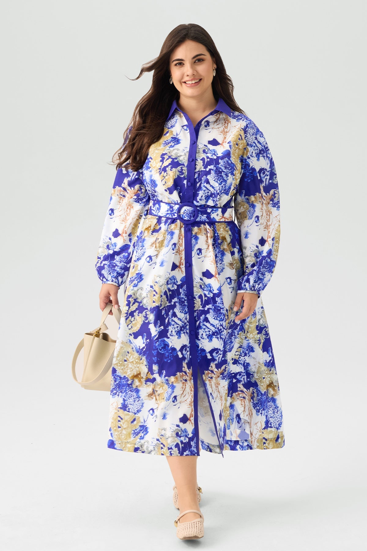Floral Print Belted Long Sleeves Shirt Midi Dress