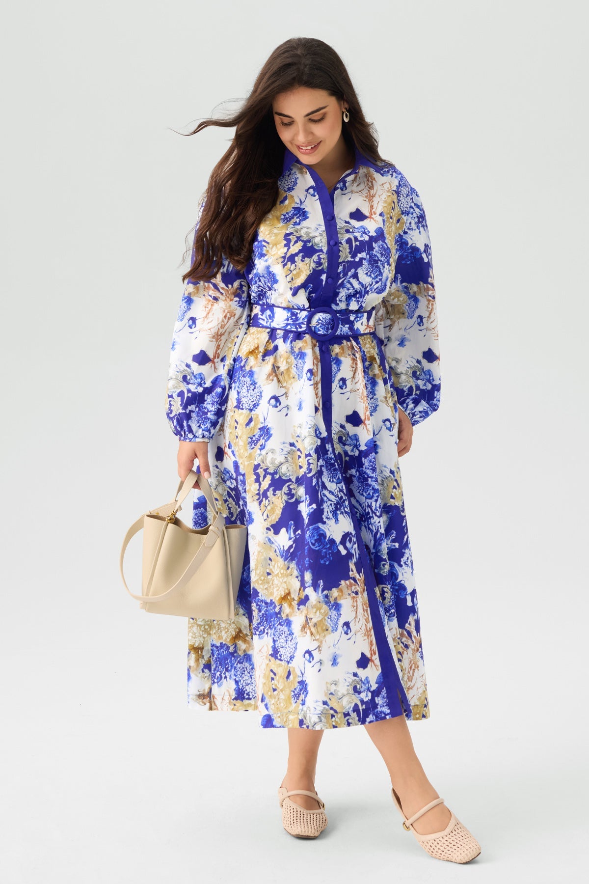 Floral Print Belted Long Sleeves Shirt Midi Dress