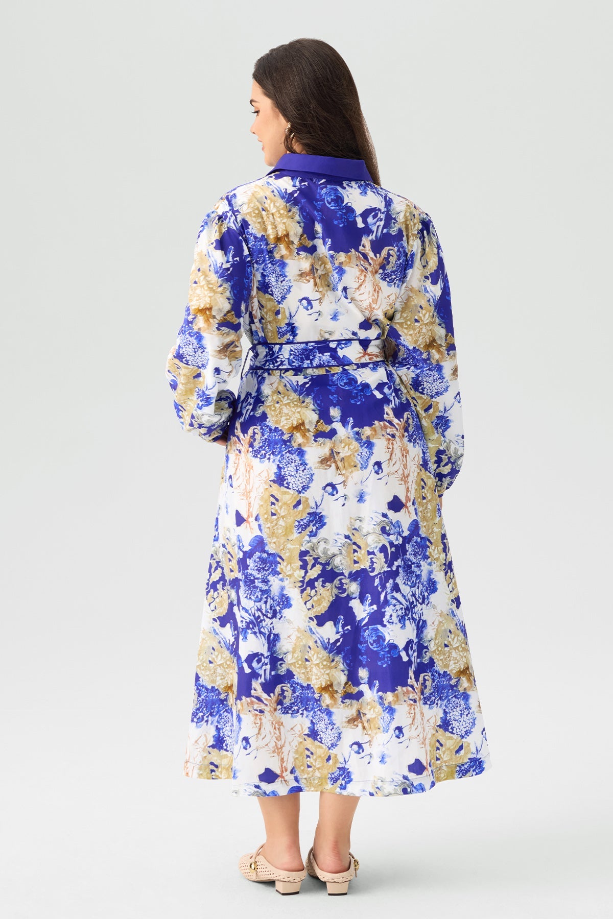 Floral Print Belted Long Sleeves Shirt Midi Dress