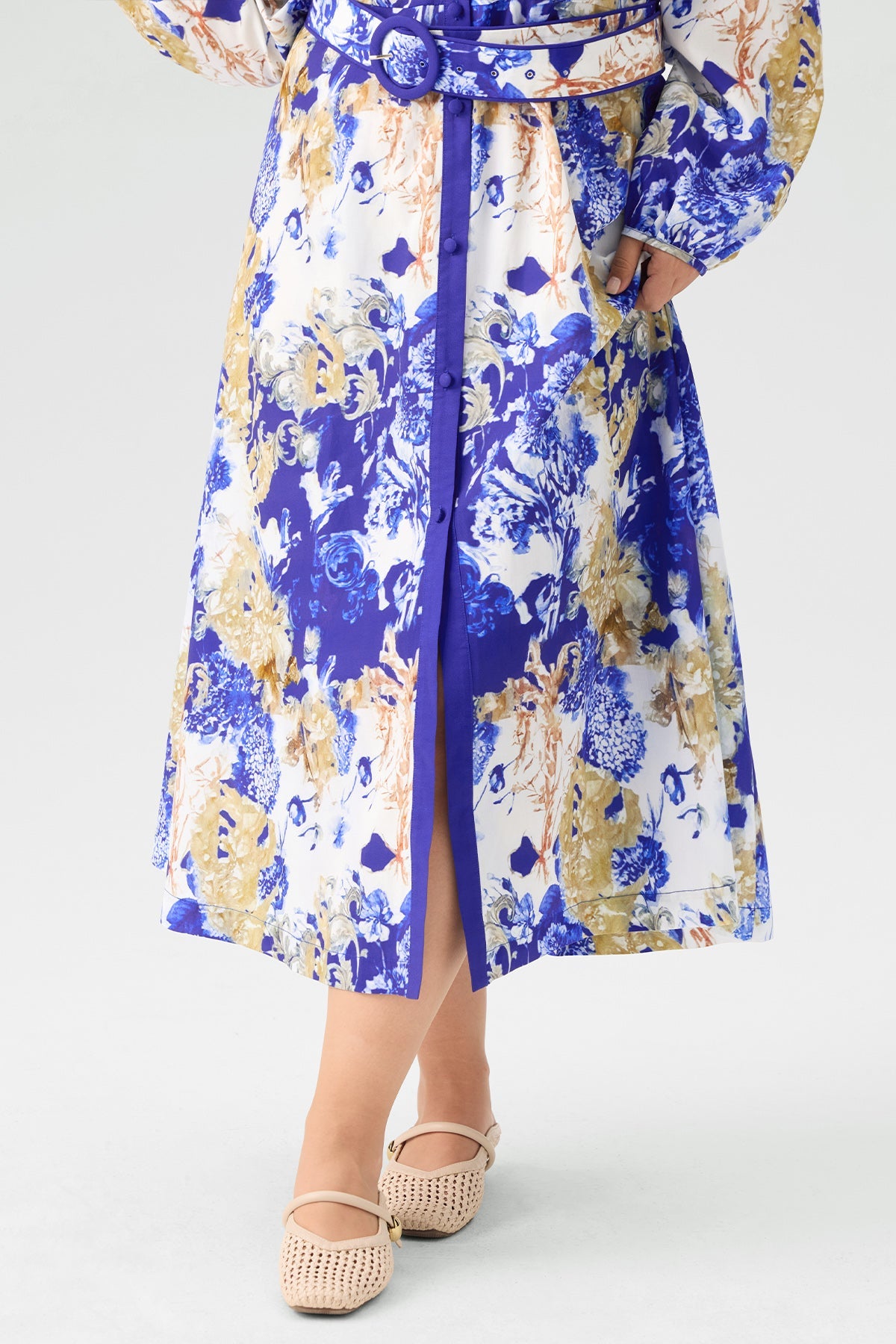 Floral Print Belted Long Sleeves Shirt Midi Dress