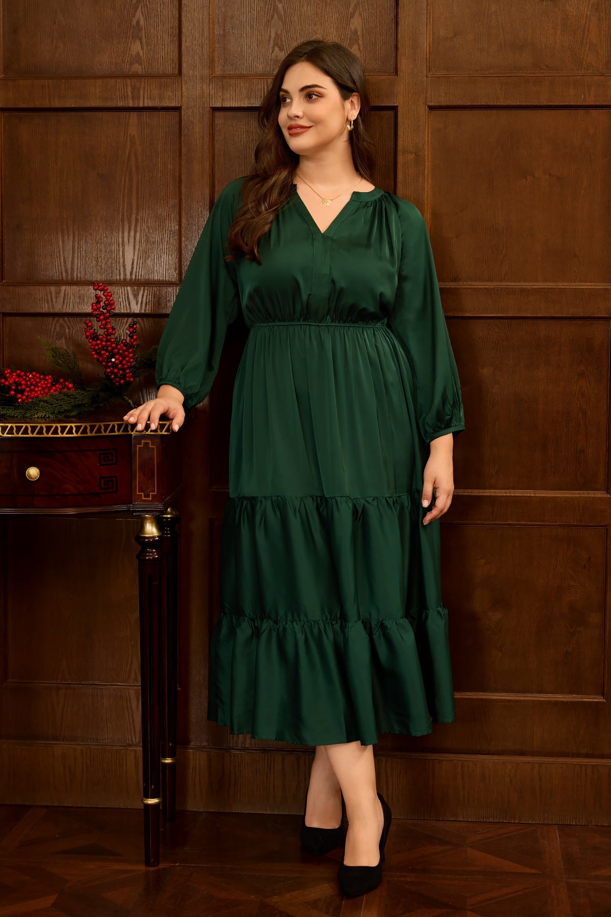 Satin Notch Neck Pocket Tiered Maxi Dress