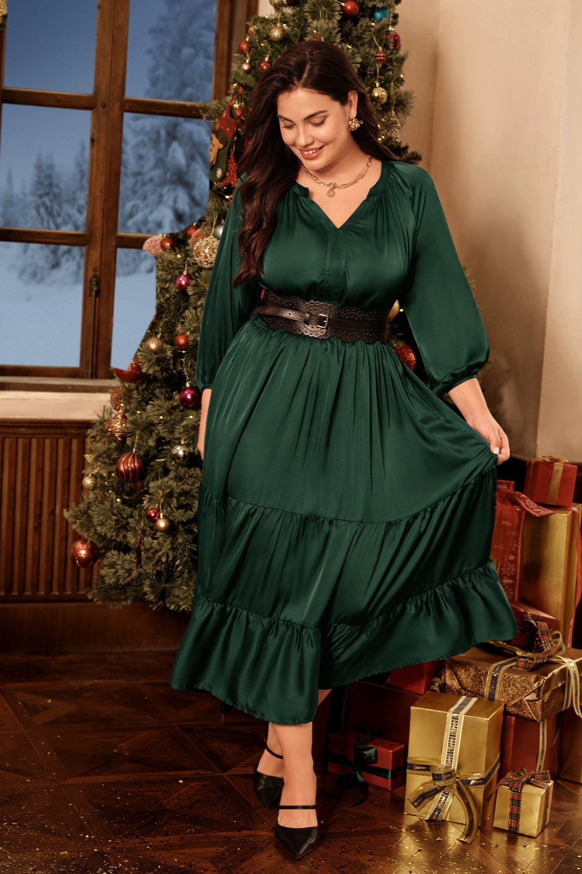 Satin Notch Neck Pocket Tiered Maxi Dress