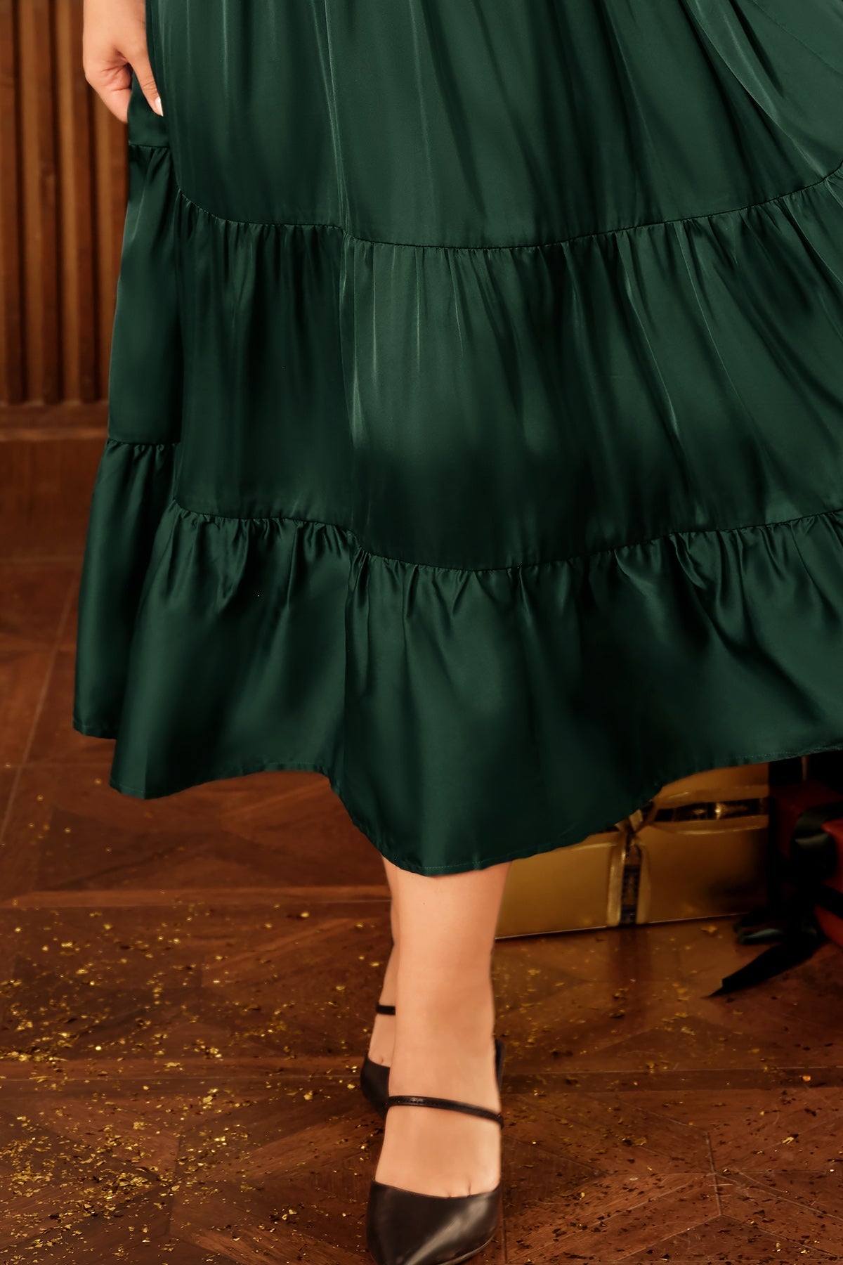 Satin Notch Neck Pocket Tiered Maxi Dress