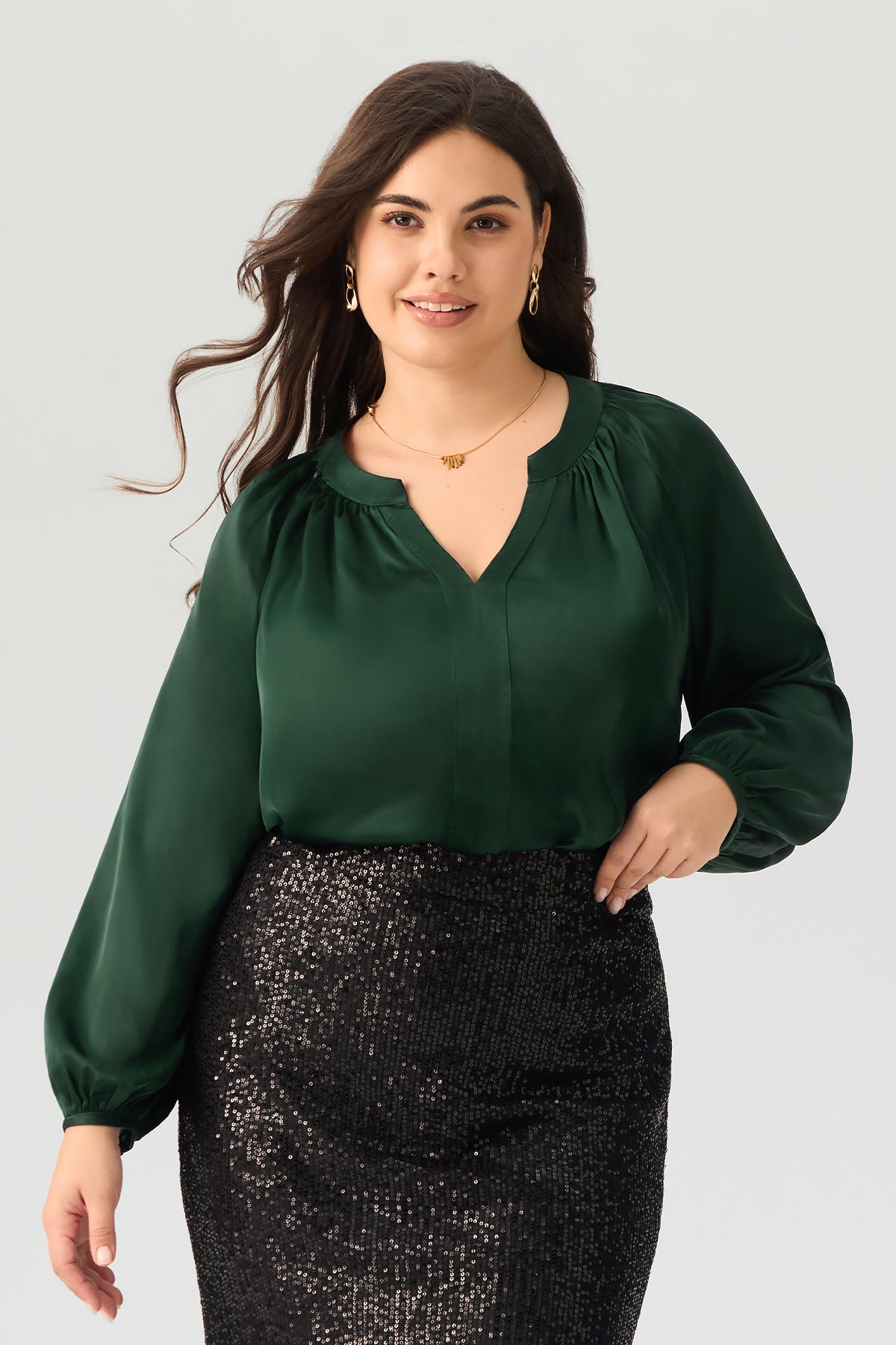 Emerald Green Satin V-Neck Puff Sleeve Blouse