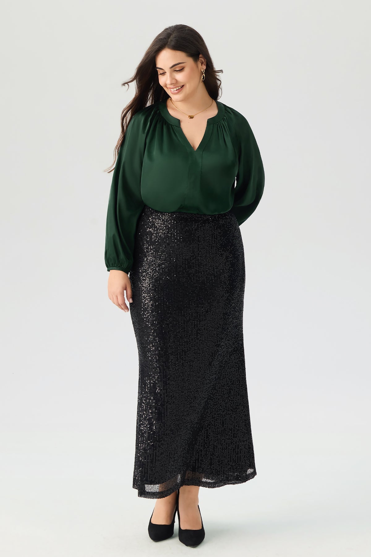 Emerald Green Satin V-Neck Puff Sleeve Blouse