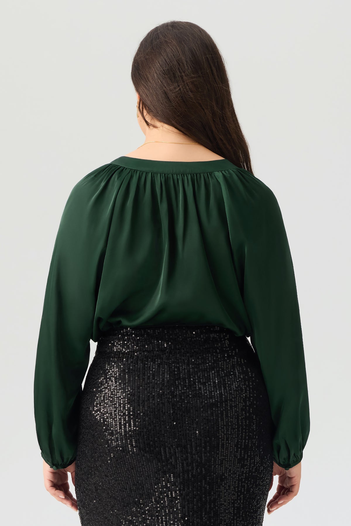 Emerald Green Satin V-Neck Puff Sleeve Blouse