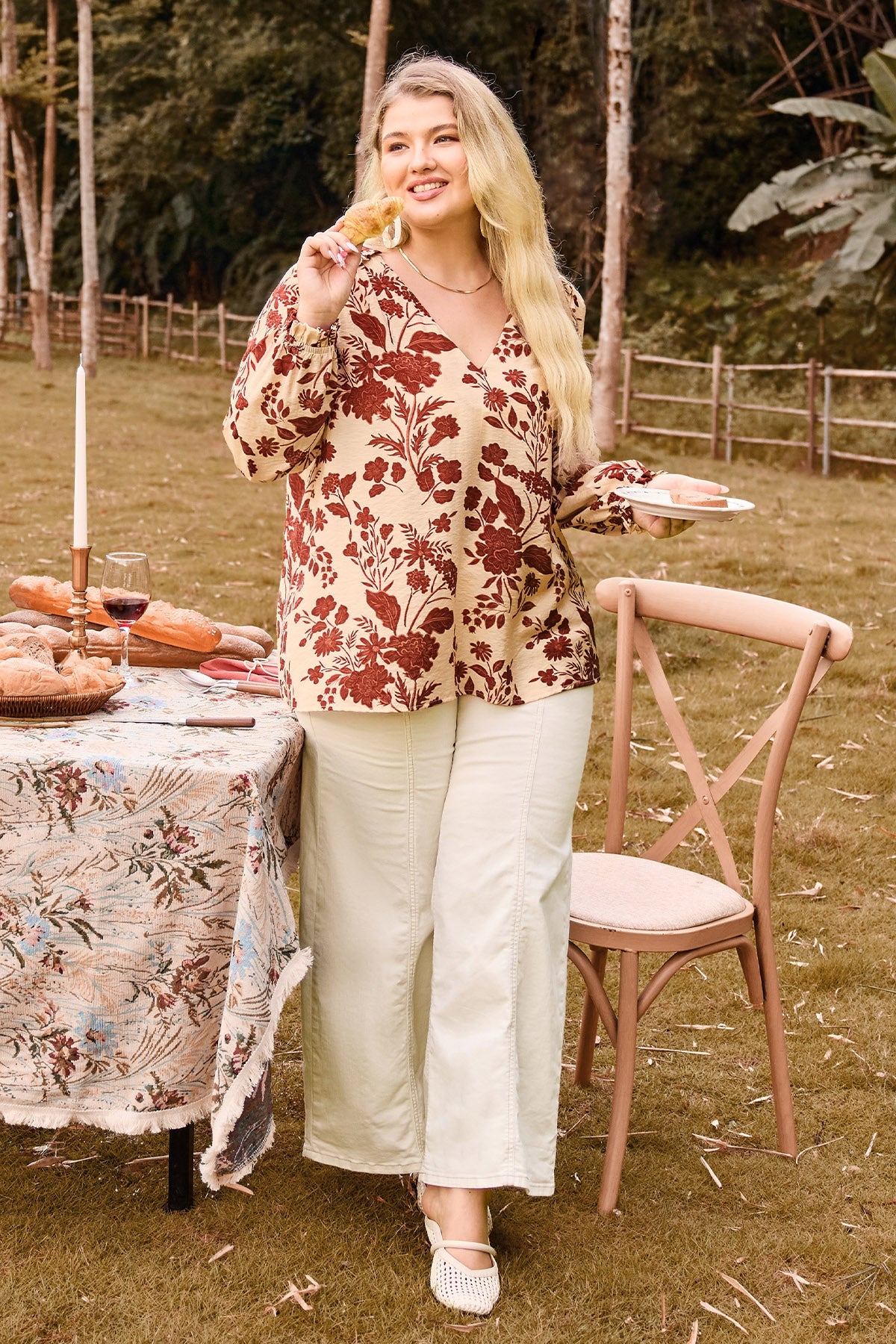 Floral Print Ruffled V-Neckline Long Sleeve Blouse