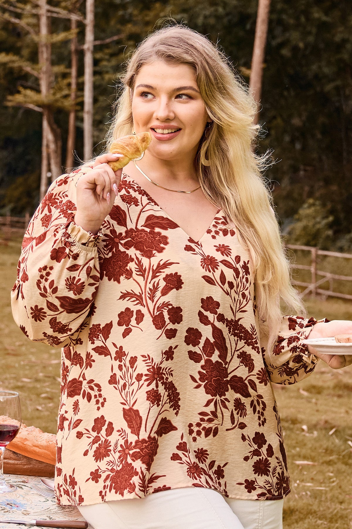 Floral Print Ruffled V-Neckline Long Sleeve Blouse