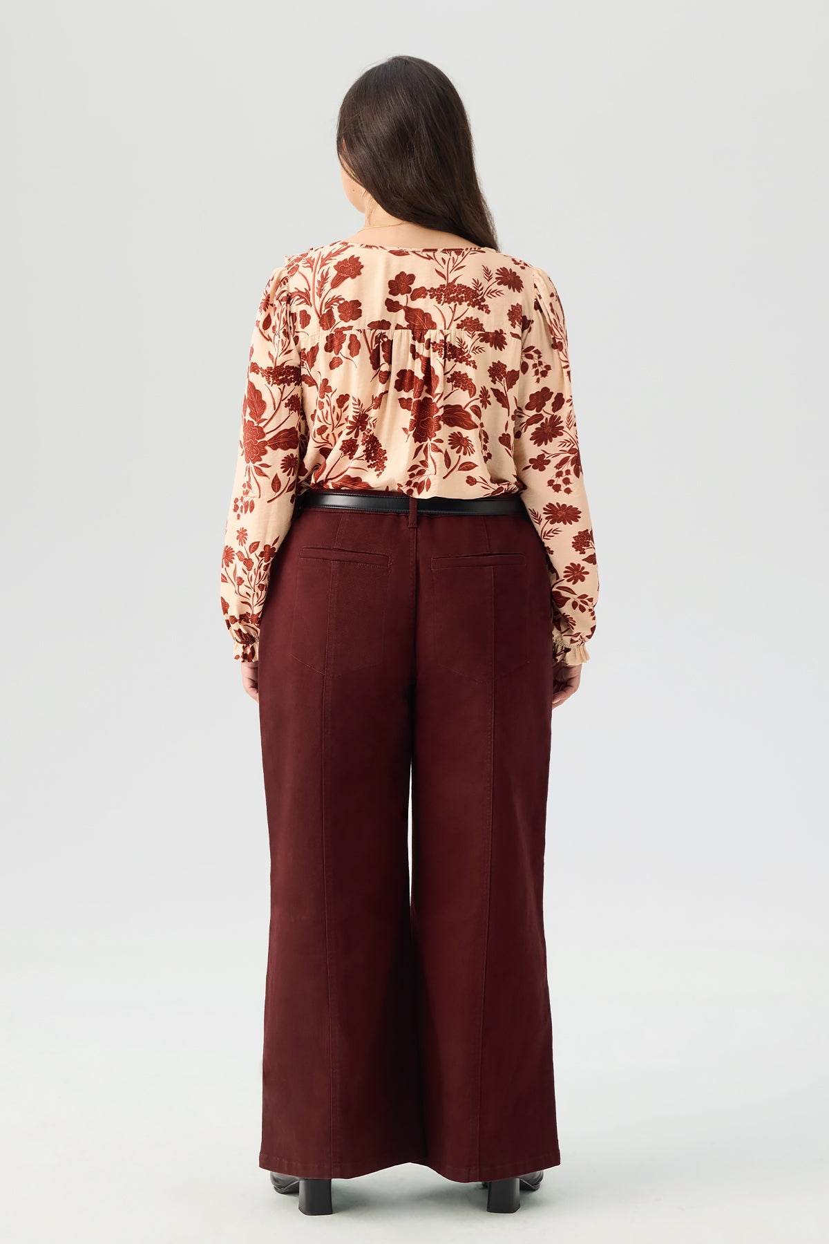 Floral Print Ruffled V-Neckline Long Sleeve Blouse