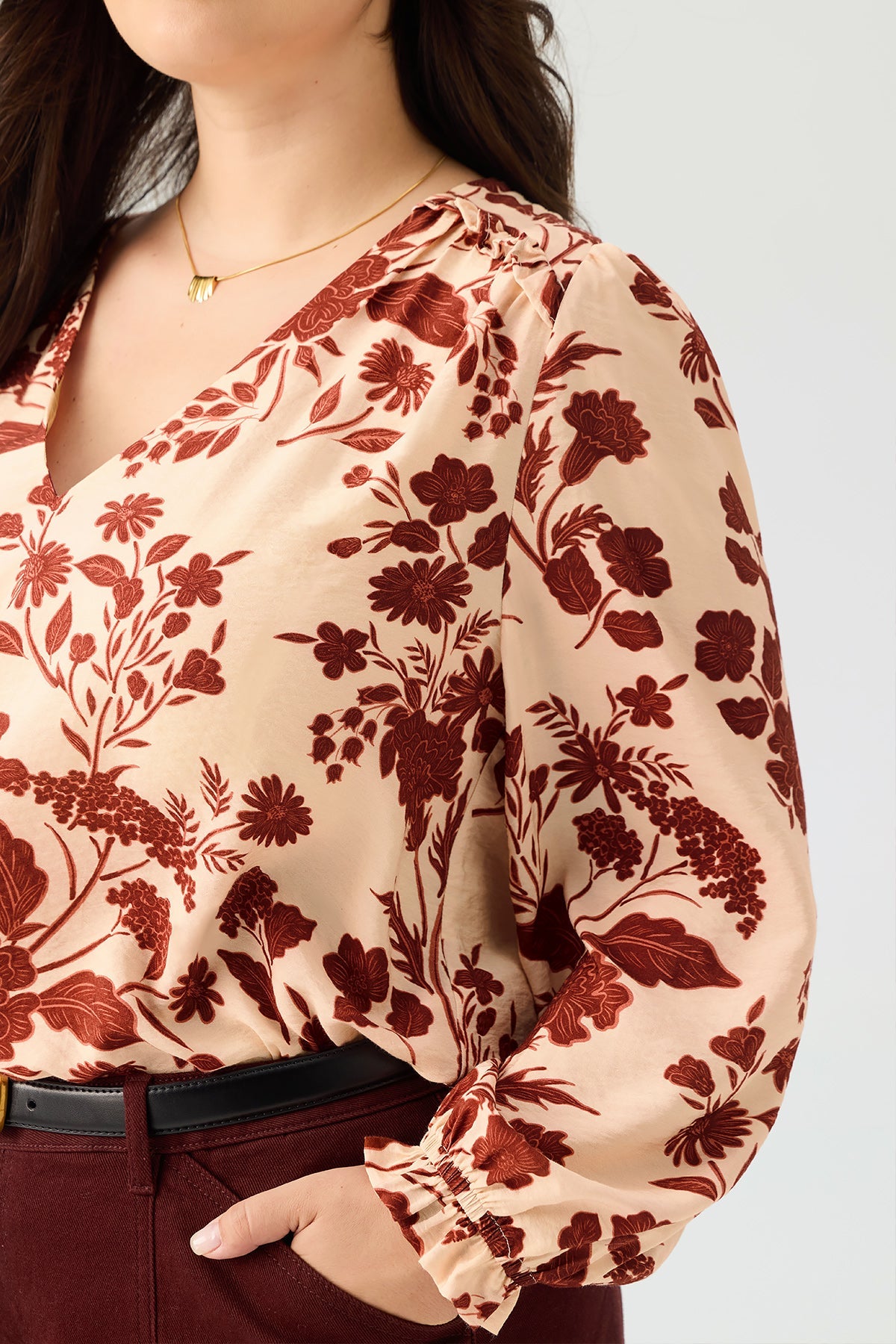 Floral Print Ruffled V-Neckline Long Sleeve Blouse