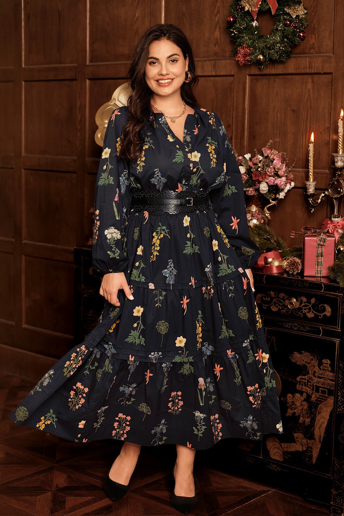 Floral Print Long Sleeve Smocked Waist Pocket Tiered Maxi Dress