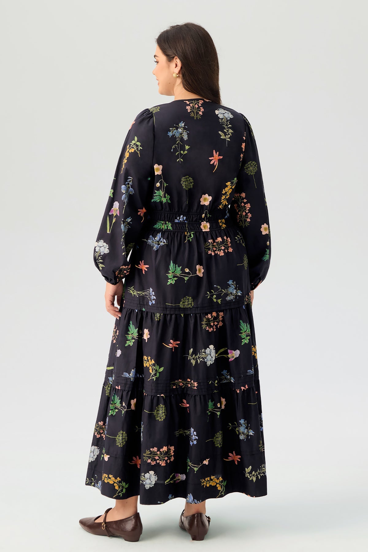 Floral Print Long Sleeve Smocked Waist Pocket Tiered Maxi Dress