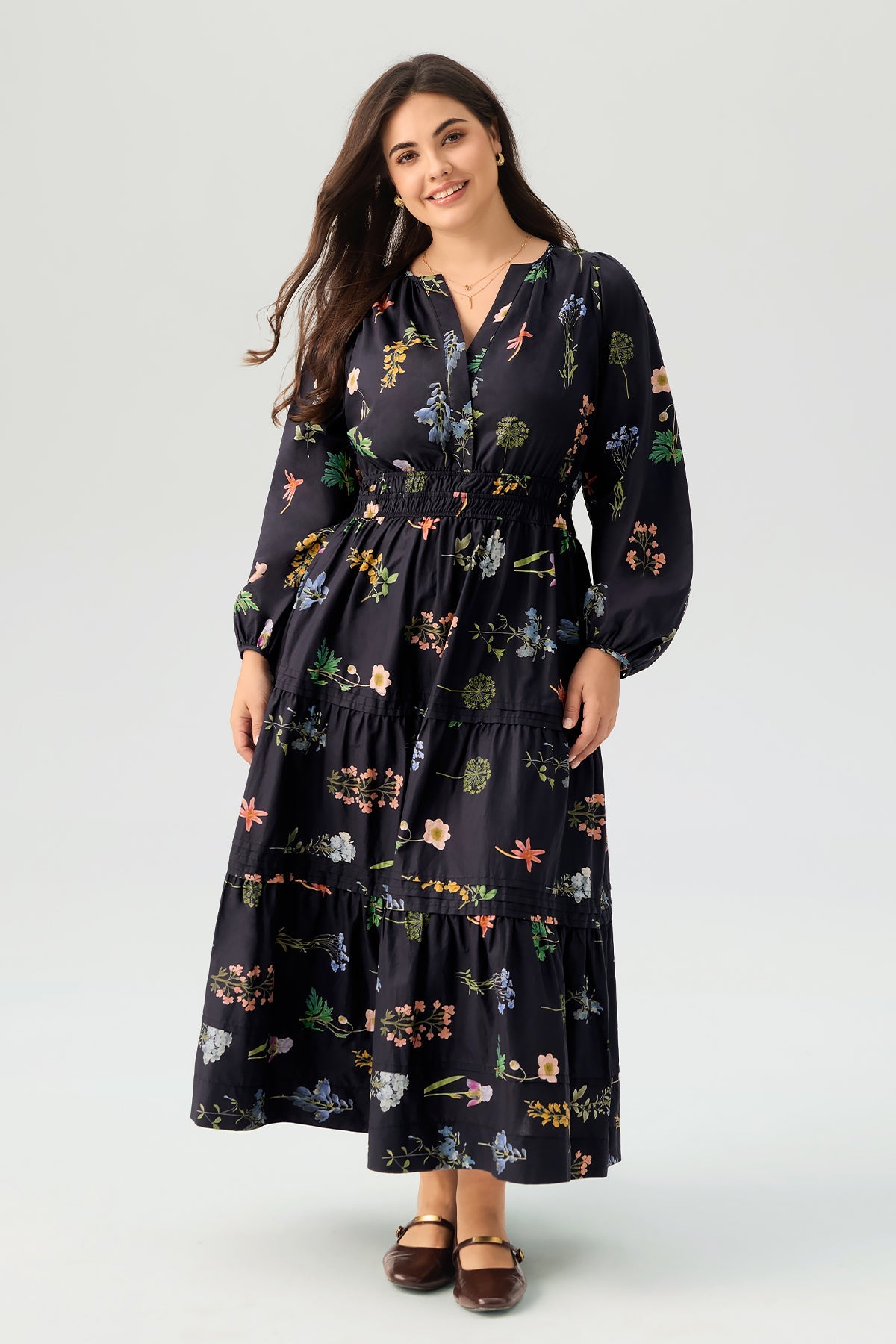 Floral Print Long Sleeve Smocked Waist Pocket Tiered Maxi Dress