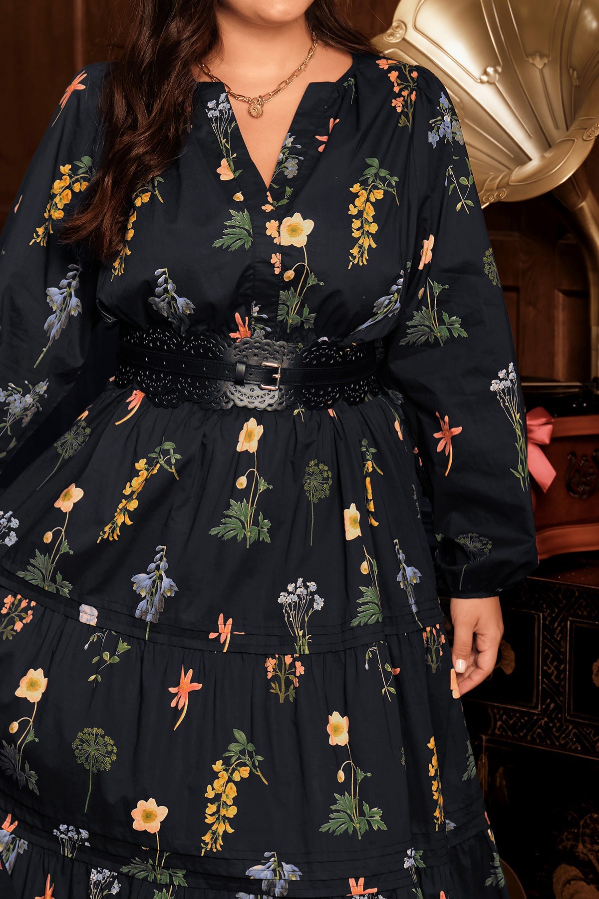 Floral Print Long Sleeve Smocked Waist Pocket Tiered Maxi Dress