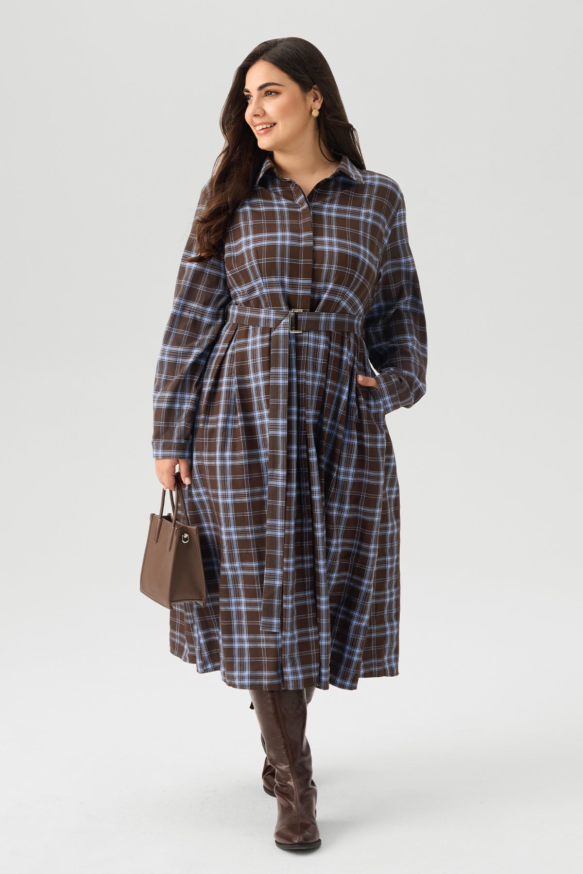 Plaid Print Belted Midi Dress with Pockets