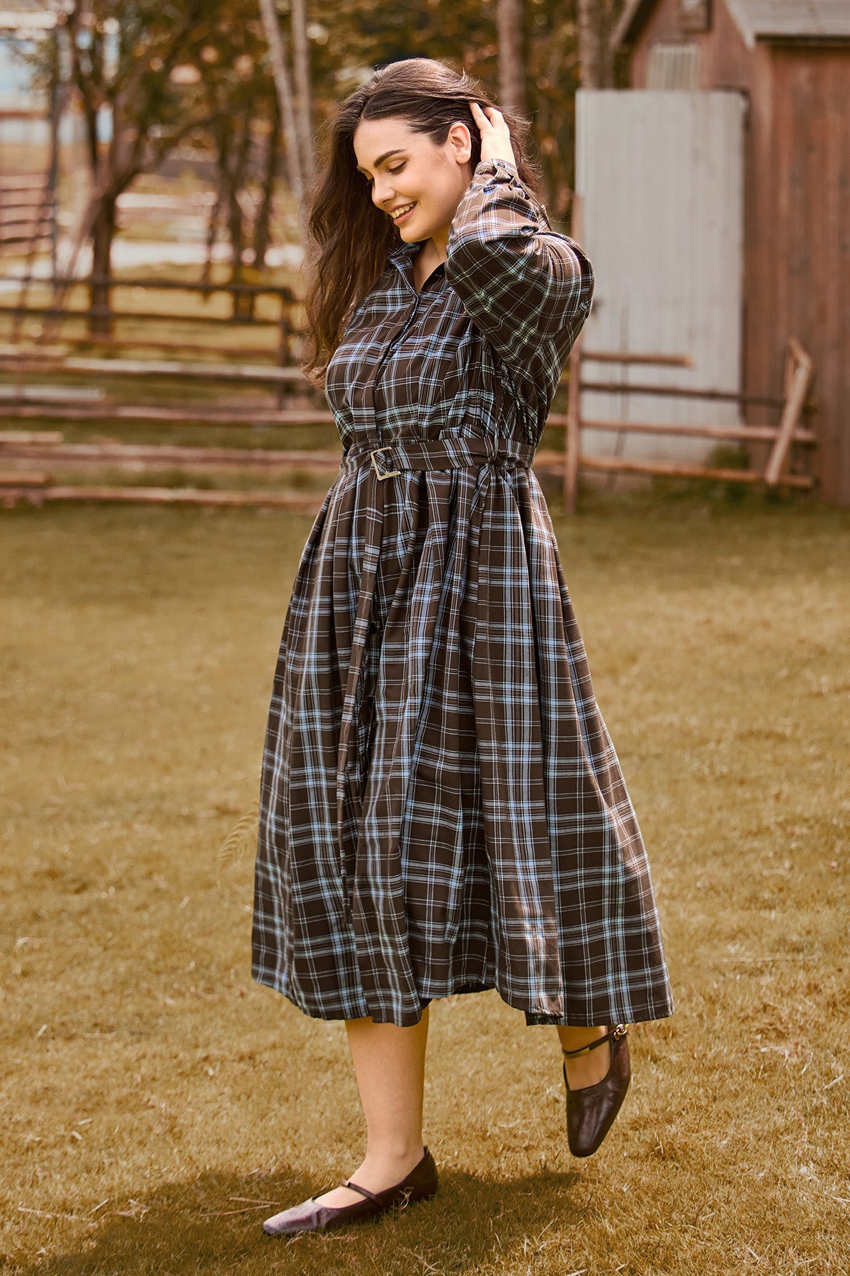 Plaid Print Belted Midi Dress with Pockets