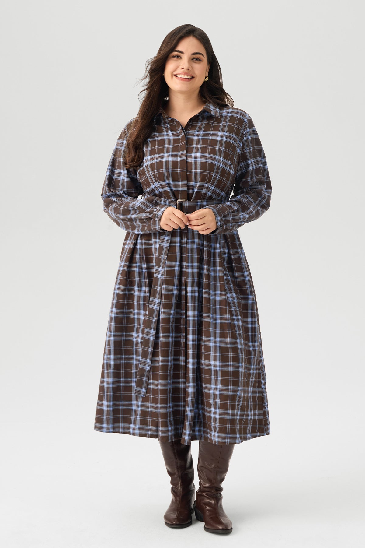 Plaid Print Belted Midi Dress with Pockets