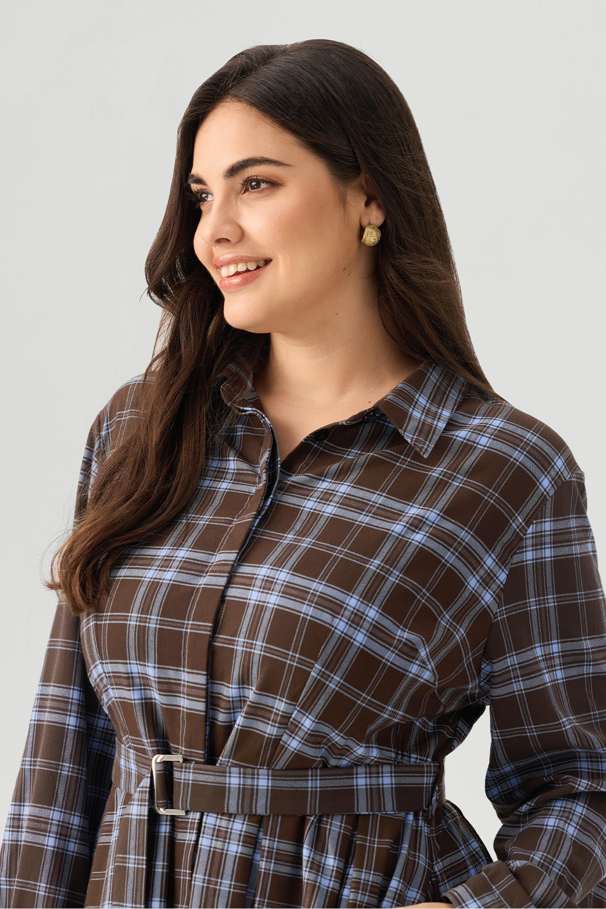 Plaid Print Belted Midi Dress with Pockets