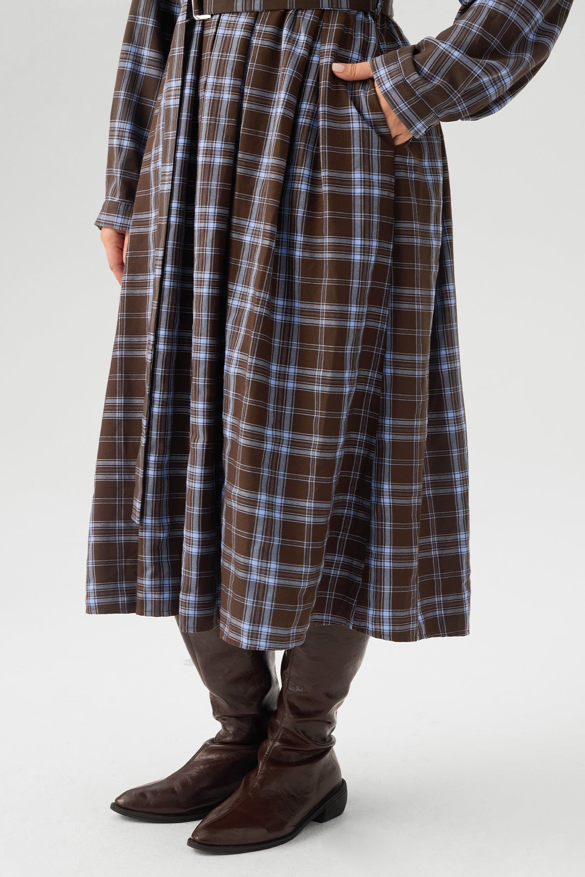 Plaid Print Belted Midi Dress with Pockets