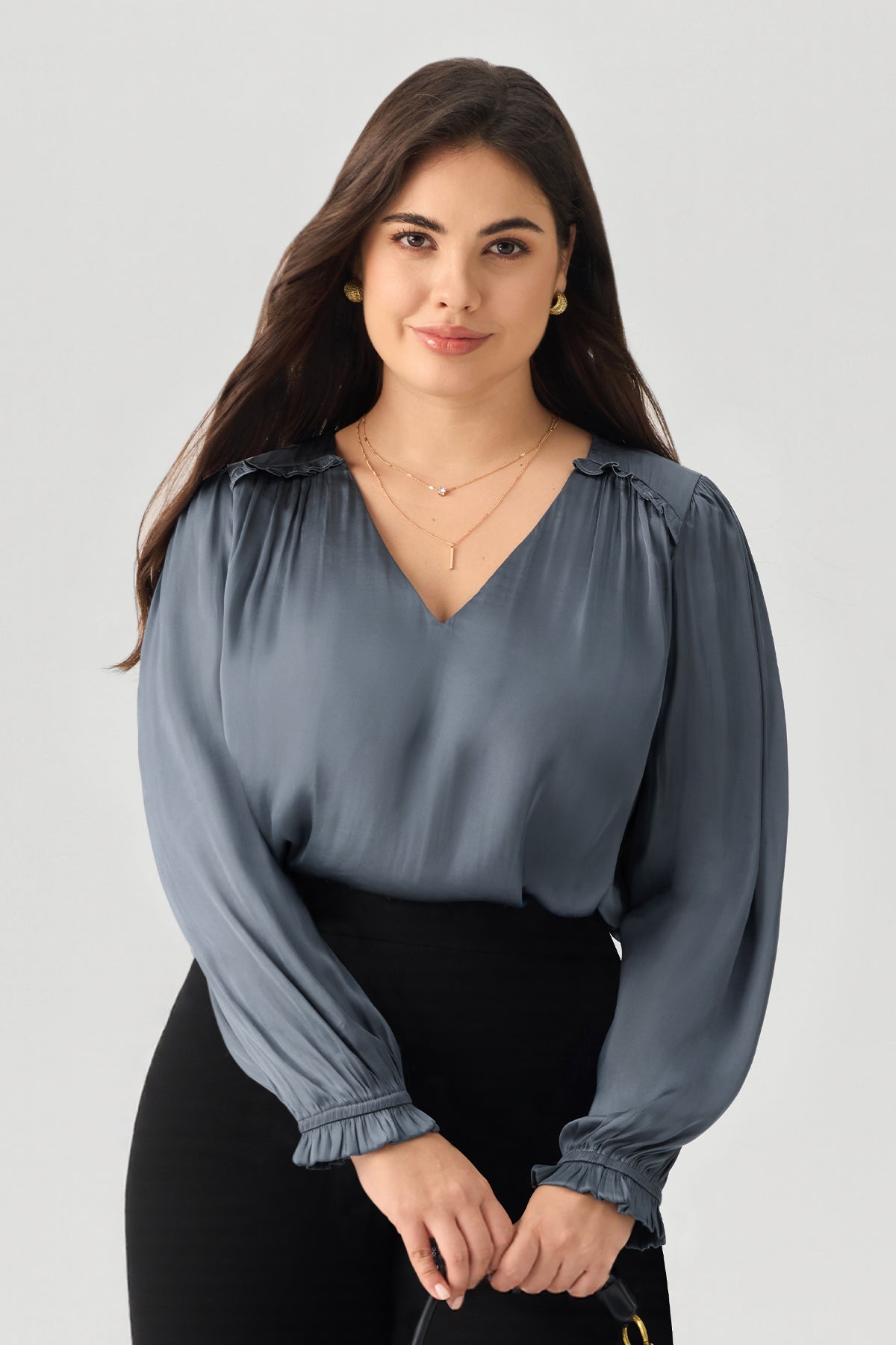 V-Neck Ruffled Long Sleeve Blouse