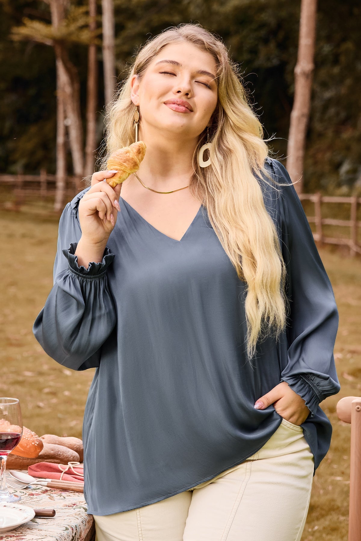 V-Neck Ruffled Long Sleeve Blouse