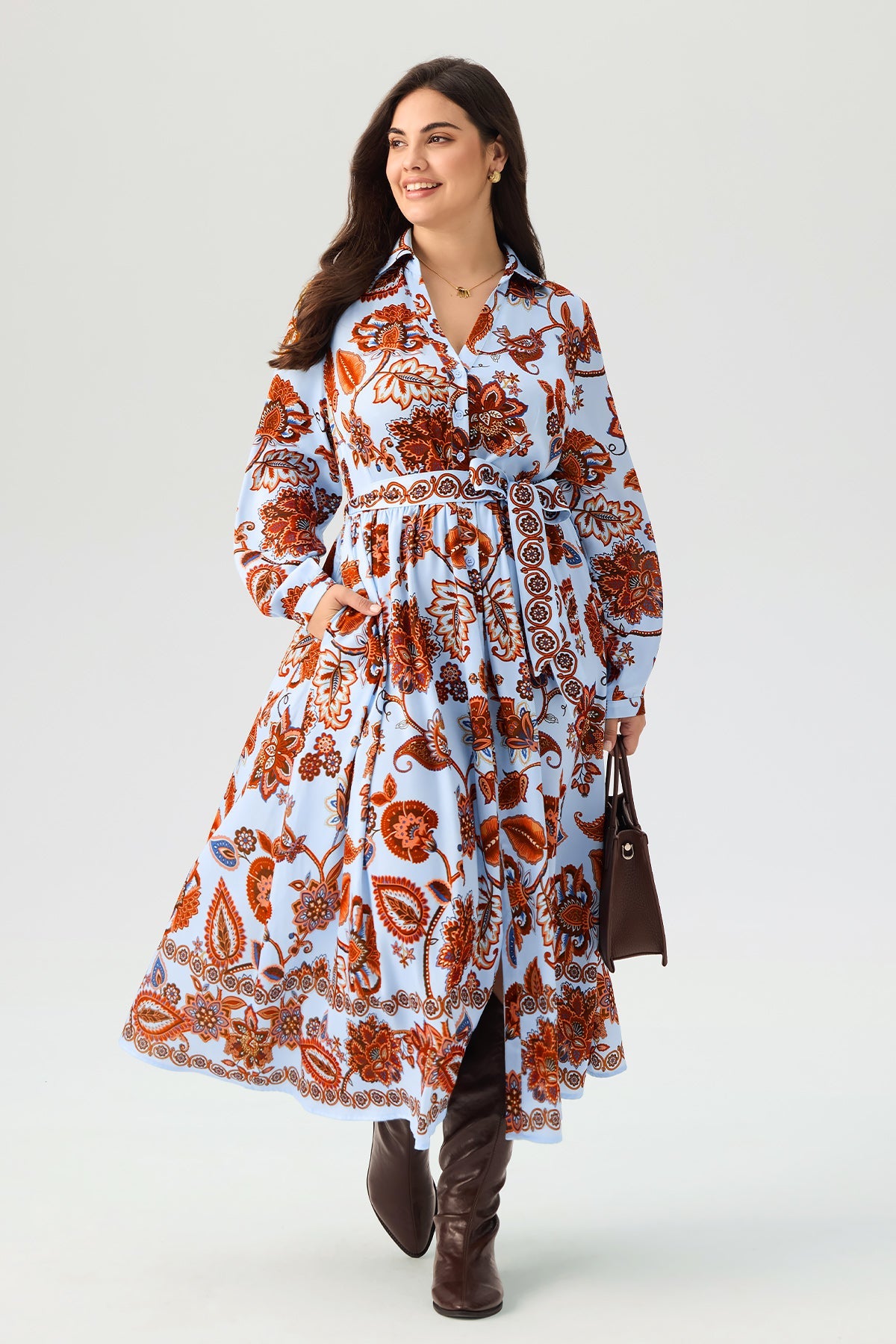 Floral Print Shirt Collar Belted Long Sleeve Split Hem Maxi Dress
