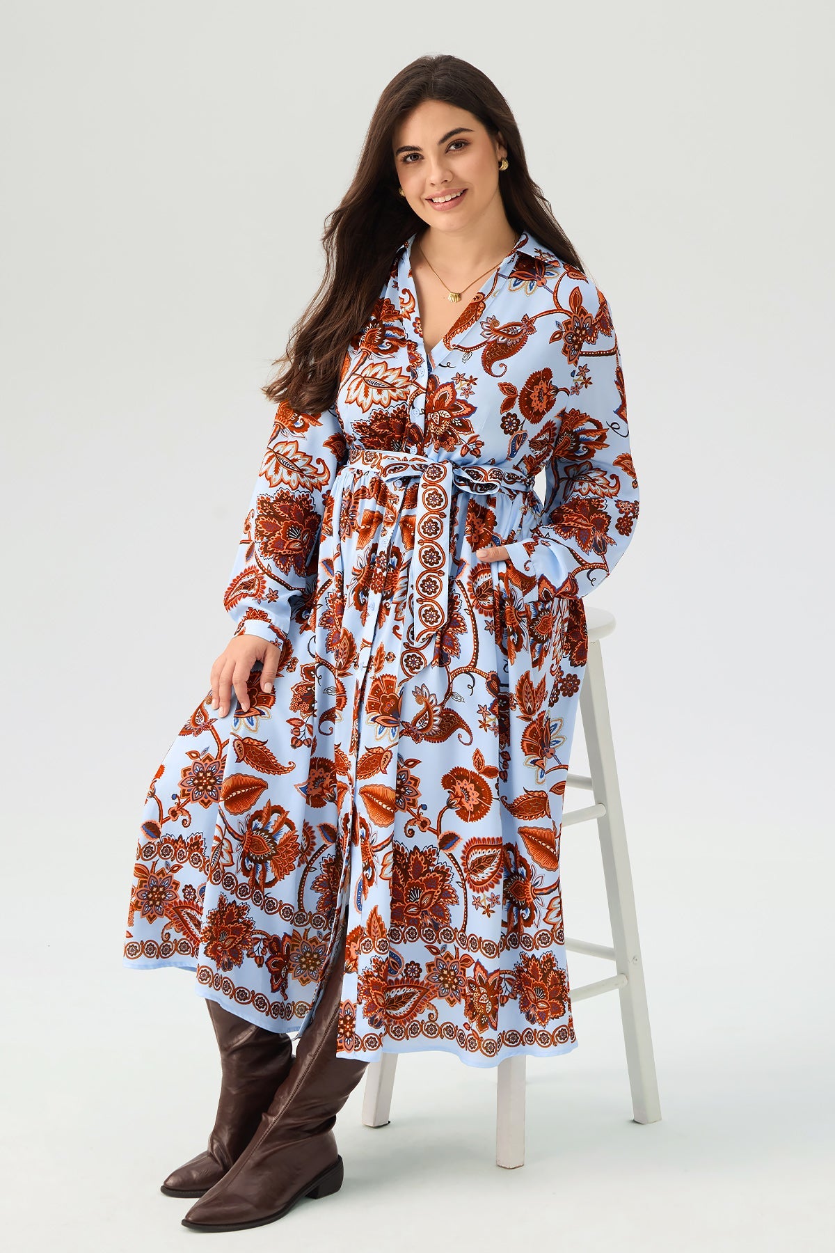 Floral Print Shirt Collar Belted Long Sleeve Split Hem Maxi Dress