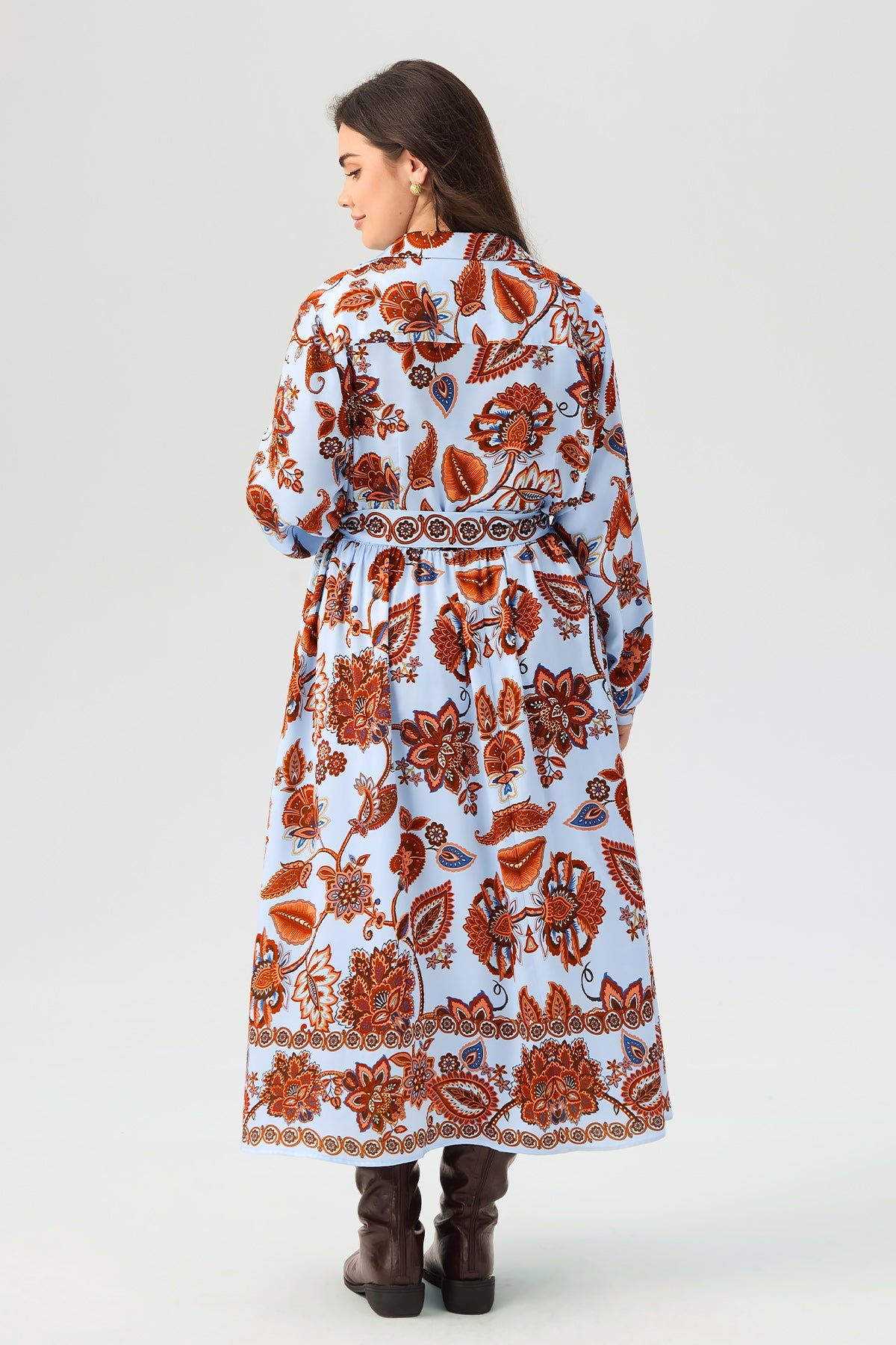 Floral Print Shirt Collar Belted Long Sleeve Split Hem Maxi Dress