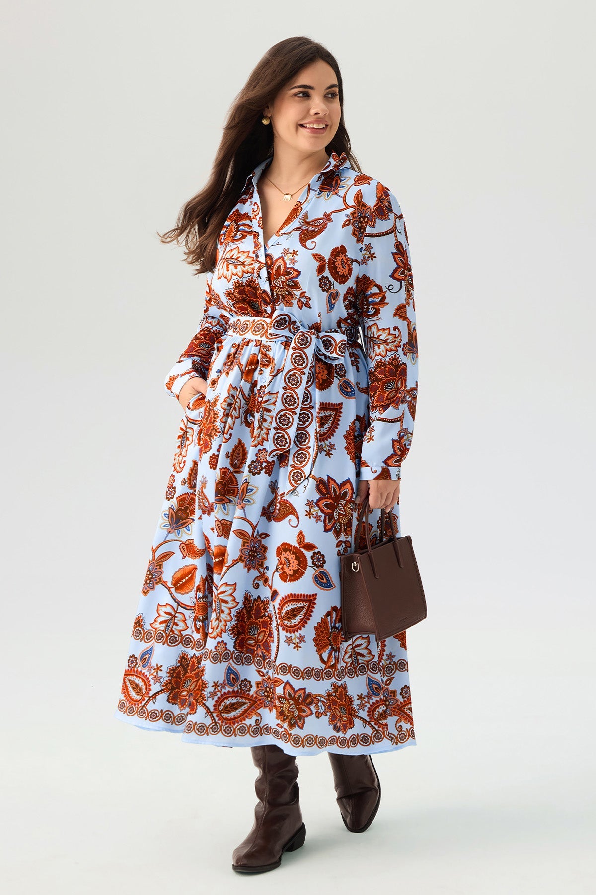 Floral Print Shirt Collar Belted Long Sleeve Split Hem Maxi Dress