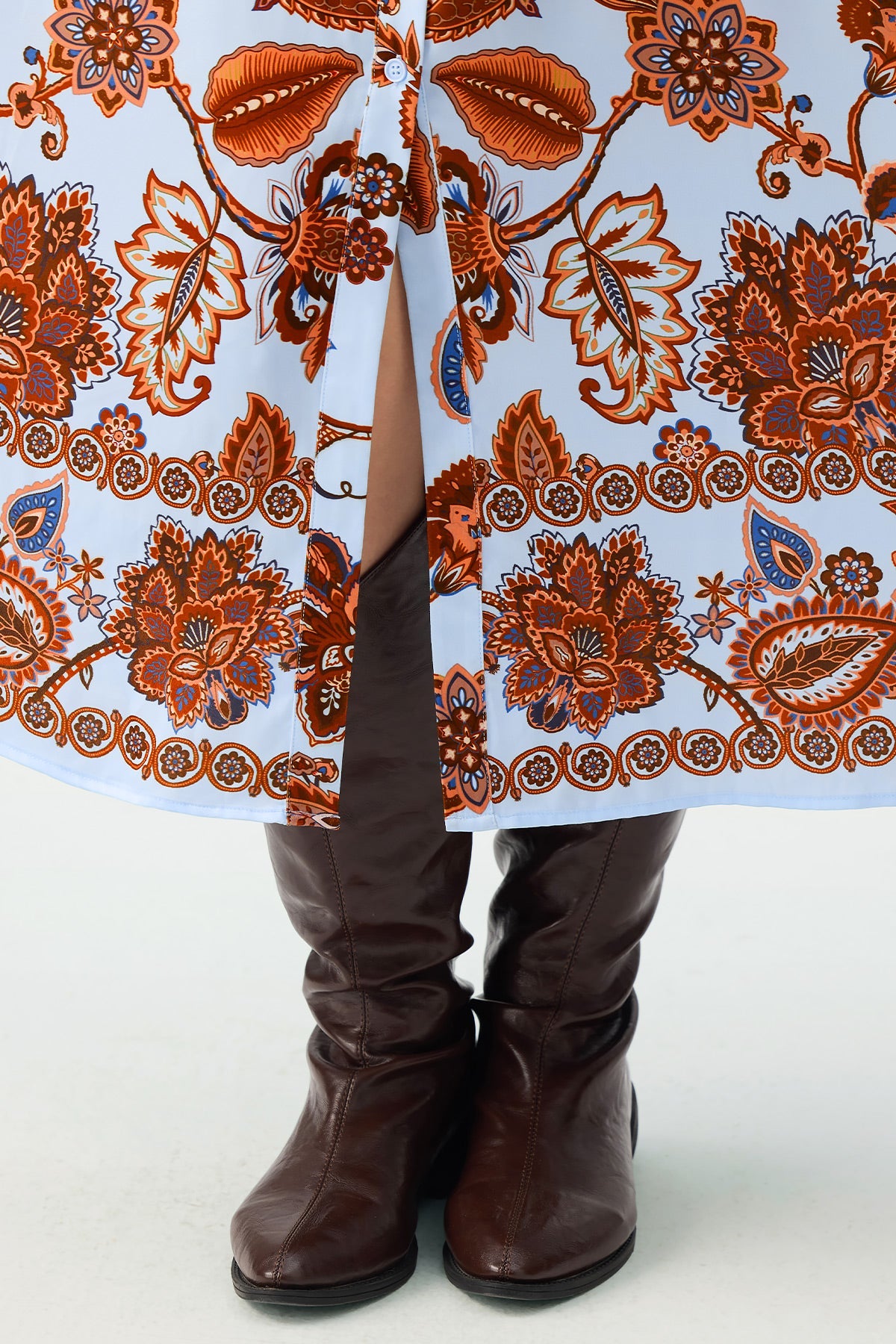 Floral Print Shirt Collar Belted Long Sleeve Split Hem Maxi Dress